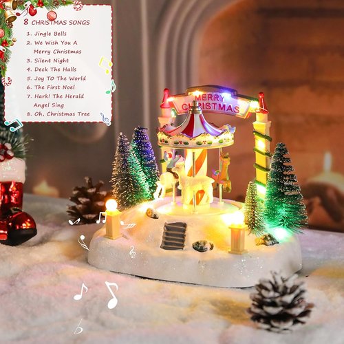 Bdor Christmas Carousel Decoration - Lighted Musical Merry-Go-Round with Reindeer & Trees | 7.5"x5.5"x6" Holiday Centerpiece