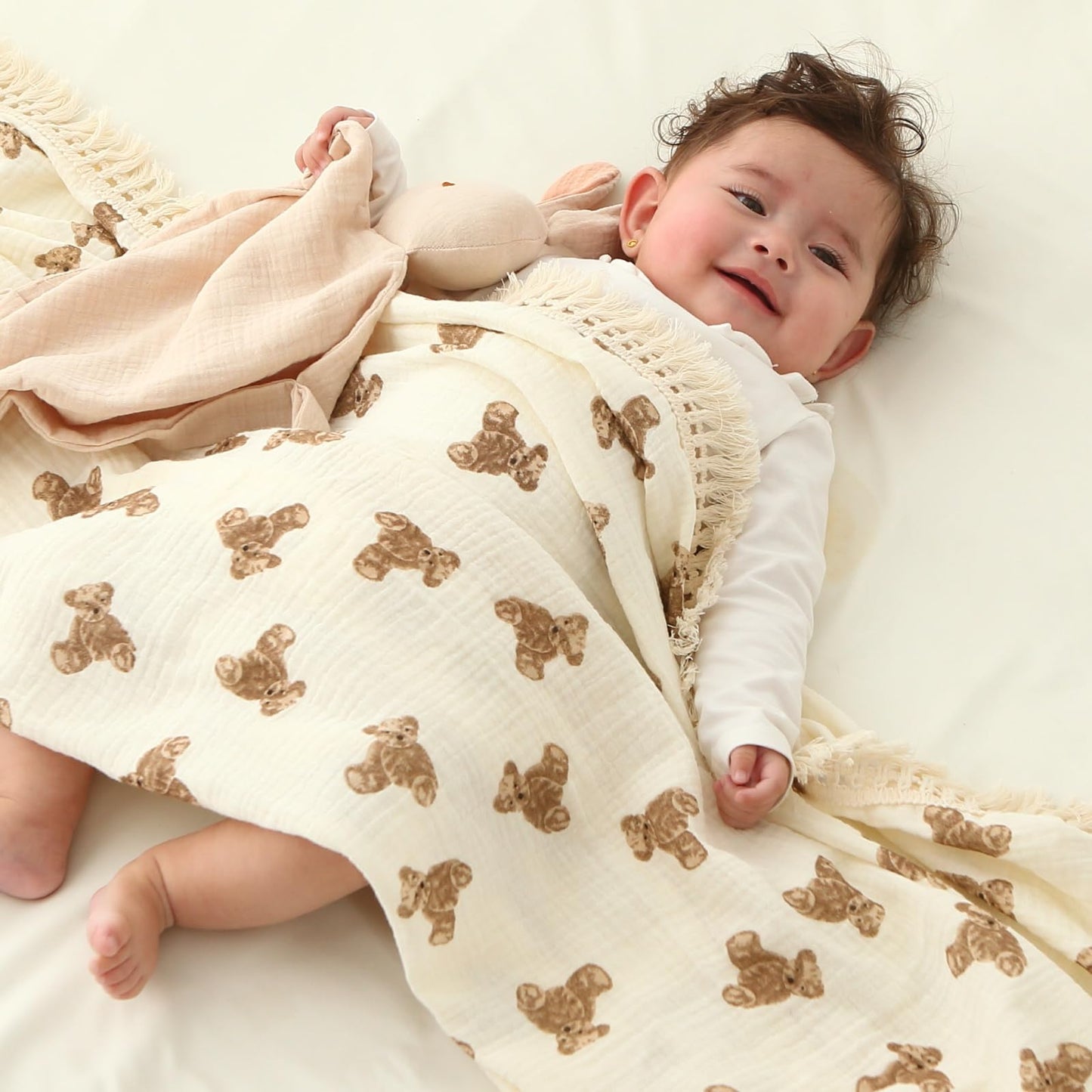 insular Cotton Muslin Baby Blanket with Tassel, Boho Bohemian Muslin Swaddle Blanket Baby Receiving Blanket with Fringe, Nursery Decor Throw or Nursing Blankets, 47" x40”, Little Bear