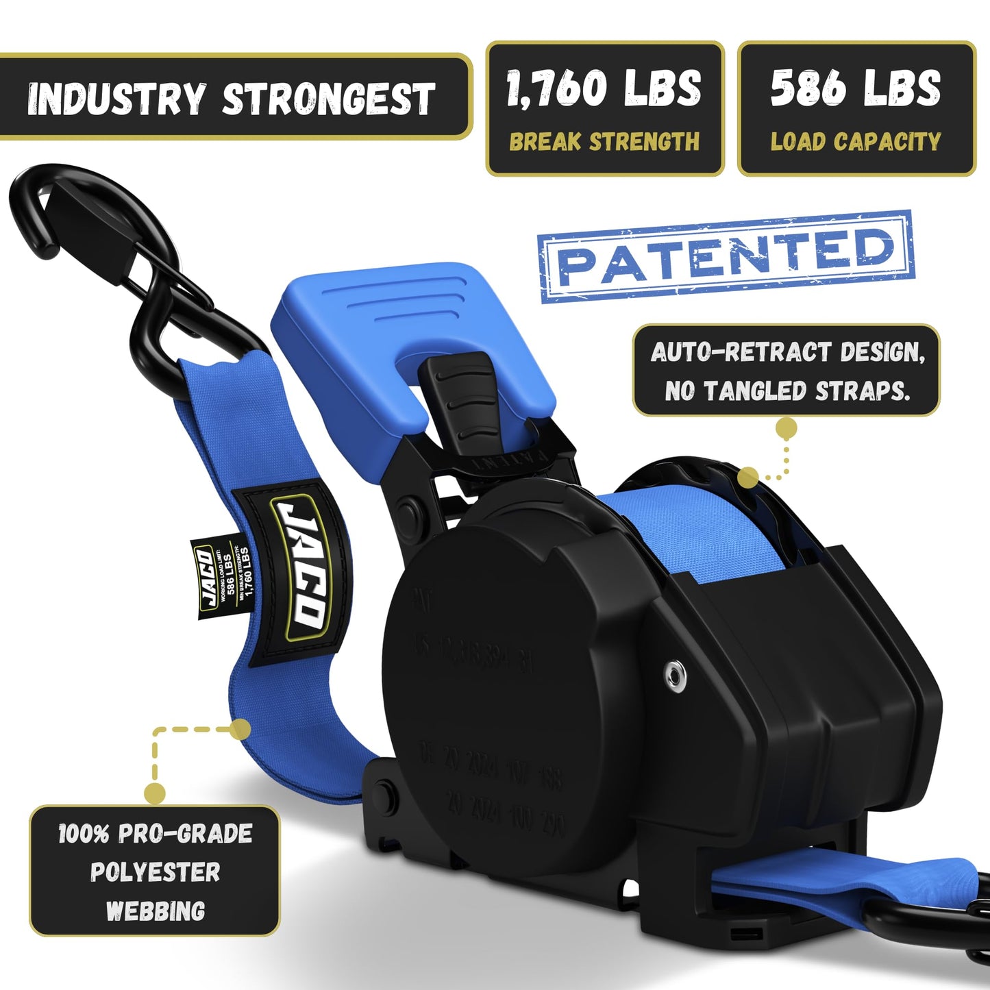JACO Retractable Ratchet Straps - 1 in x 15 ft (4-Pack) (1,760lbs Break Strength) | Auto Self Retracting Cargo Tie Down Strap Set (Blue)