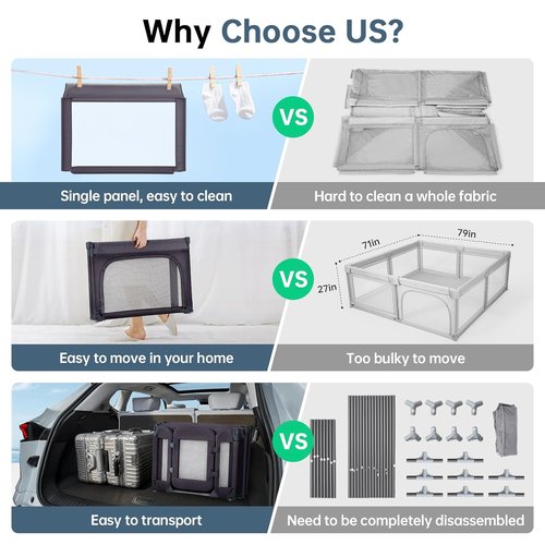 Large Baby Playpen - Adjustable 79x71 Inch Indoor & Outdoor Foldable Play Yard | Dark Grey Mesh Safety Fence