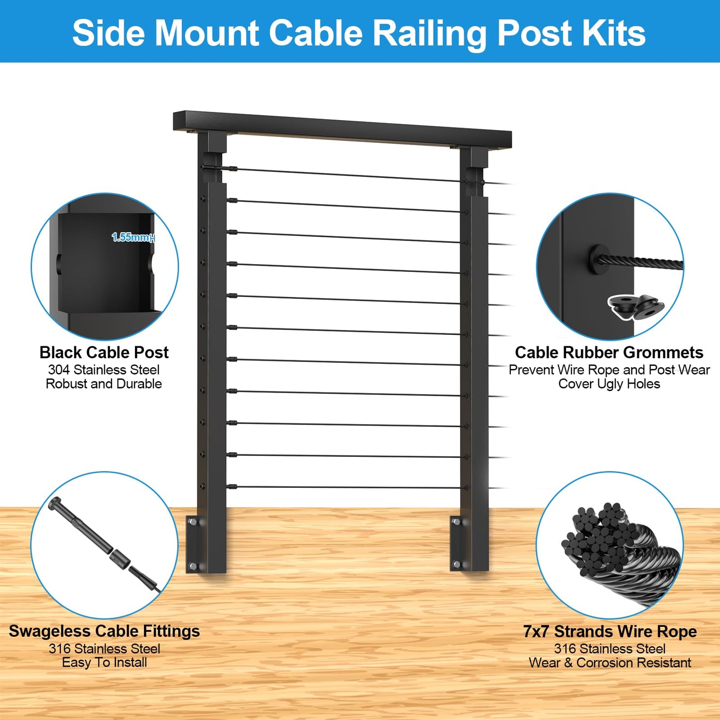 RailinGo 36" Side Mount Cable Railing Post Kits Include 2Pack Flat Top Level Drilled Cable Posts, 150FT Wire Rope, Black Fascia Mount Cable Railing System, 1/8" Stainless Steel Wire Railing Kits, RG71