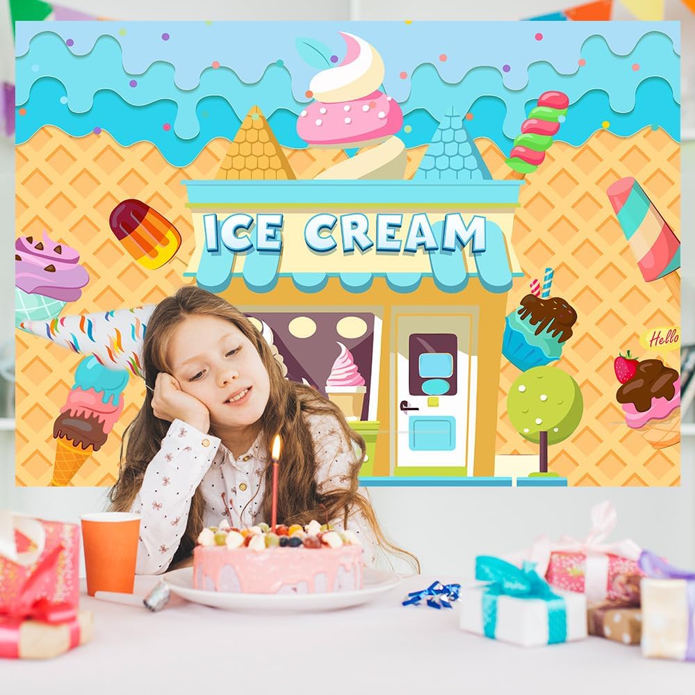 Retyshia 5x3Ft Summer Ice Cream Backdrop Banner Ice Cream Shop Birthday Backdrop for Party Dessert Parlor Photography