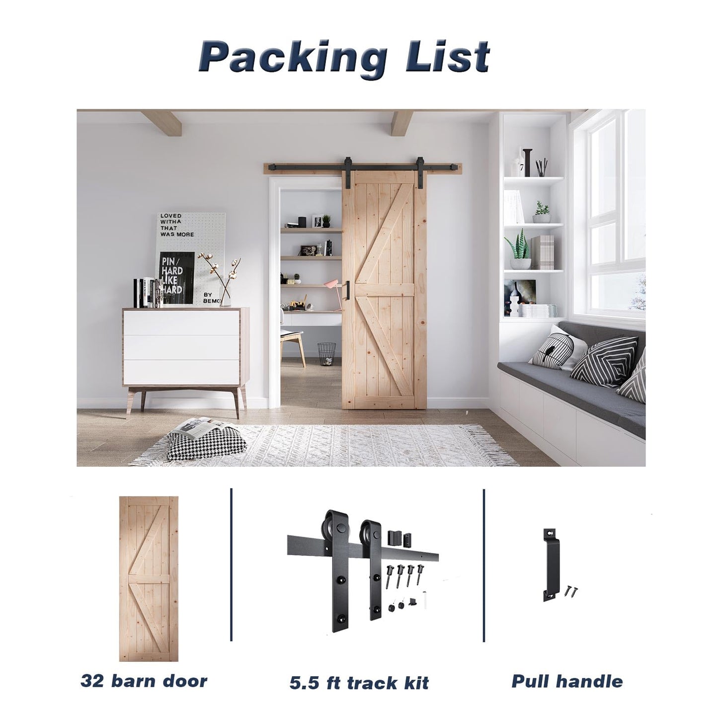 FREDBECK 30in x 96in Sliding Barn Door and 5FT Sliding Door Hardware Kit Included K Shape Solid Spruce Wood Panel for Bedroom Need to Assembly