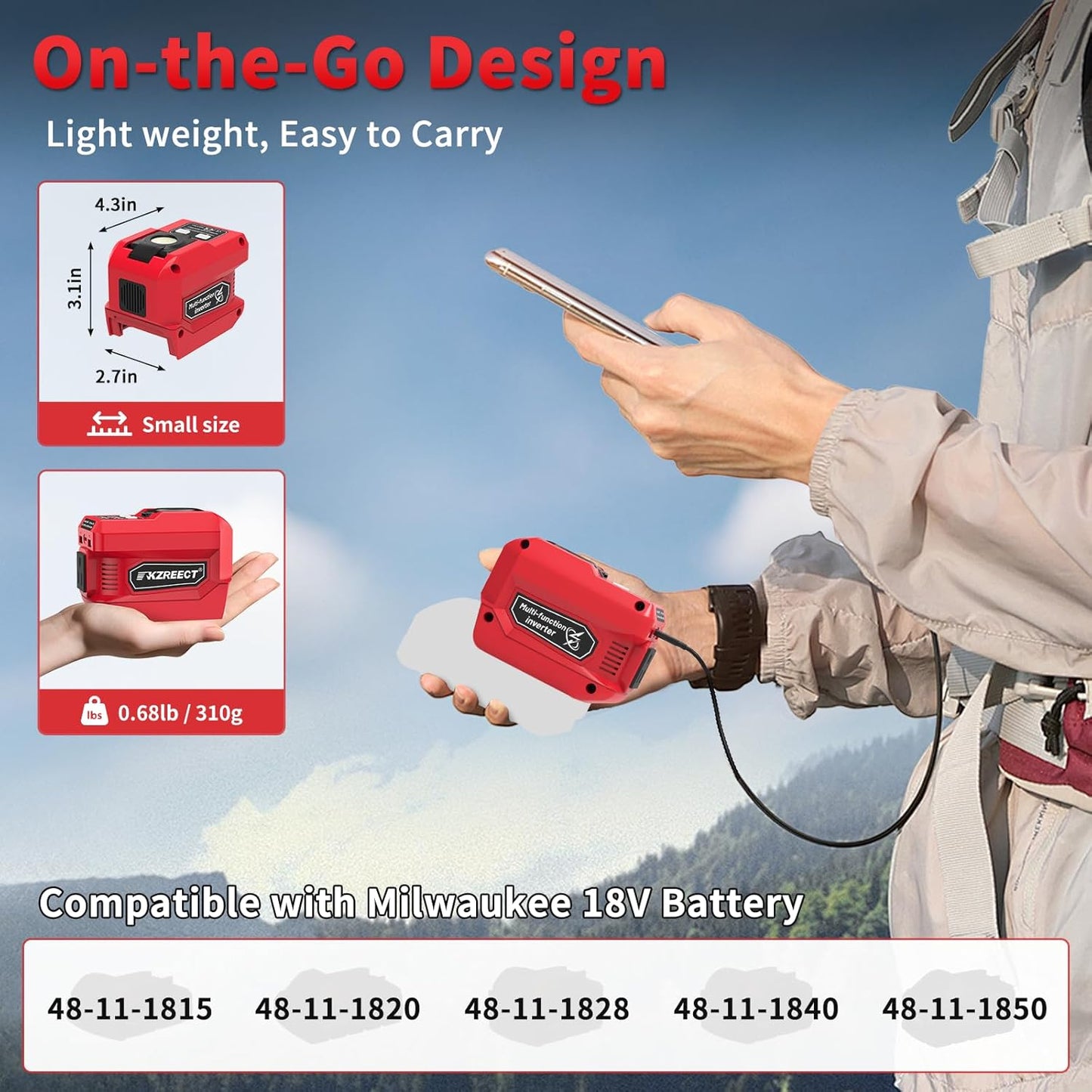 Kzreect 220W 18V 110V 1 400LM Power Inverter Compatible with Milwaukee Batteries (Battery Not Included), DC to AC