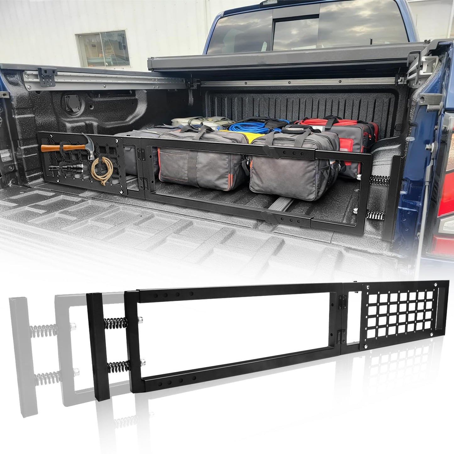 ADTOPI Adjustable Truck Bed Divider Organizer Compatible with 47'' to 67'' Pickup & Trucks bed, Aluminum Cargo Management Separator Molle Panel, Universal Truck Bed Divider Storage Accessories