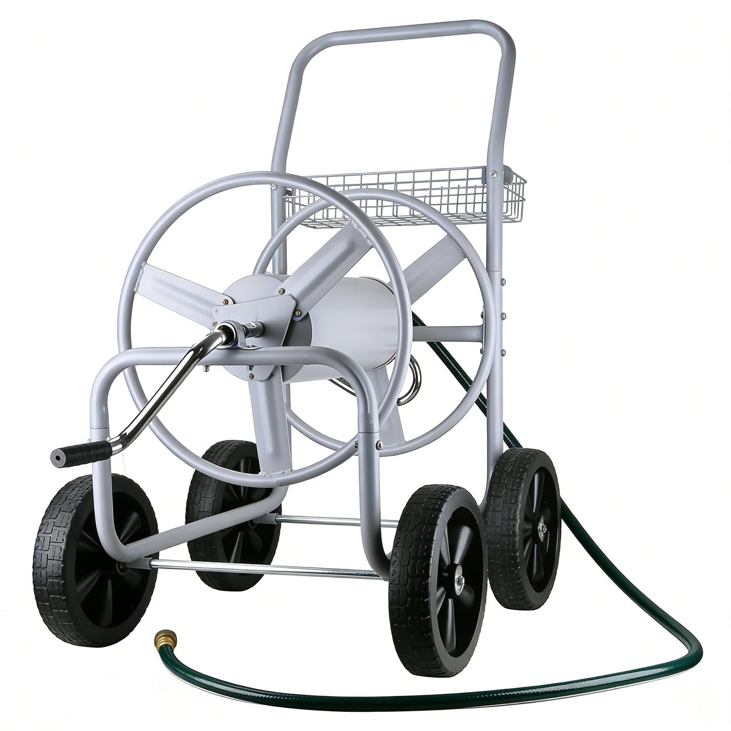 Hose Reel Cart, 300FT of 5/8’’ Hose, Heavy-Duty Water Hose Cart with 4 Wheels, Storage Basket, Portable Water Hose Organizer for Outside Yard, Outdoor Planting Tool (Sliver)