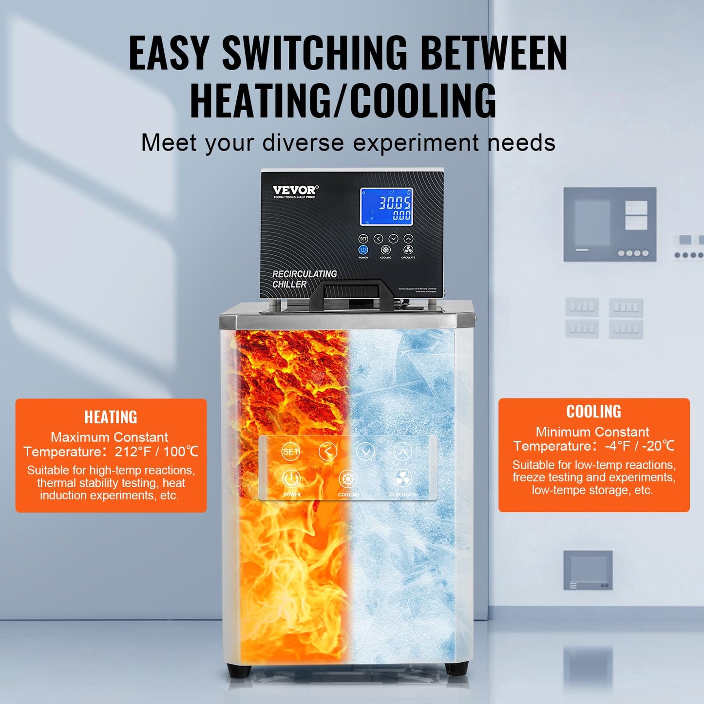 VEVOR Laboratory Chiller Circulator, -20℃ ~100℃ Circulator Pump Chiller, 6L Chiller Lab Low Temperature Cooling Liquid, LCD Display, 304 Stainless Steel Water Bath Recirculating Water Cooling