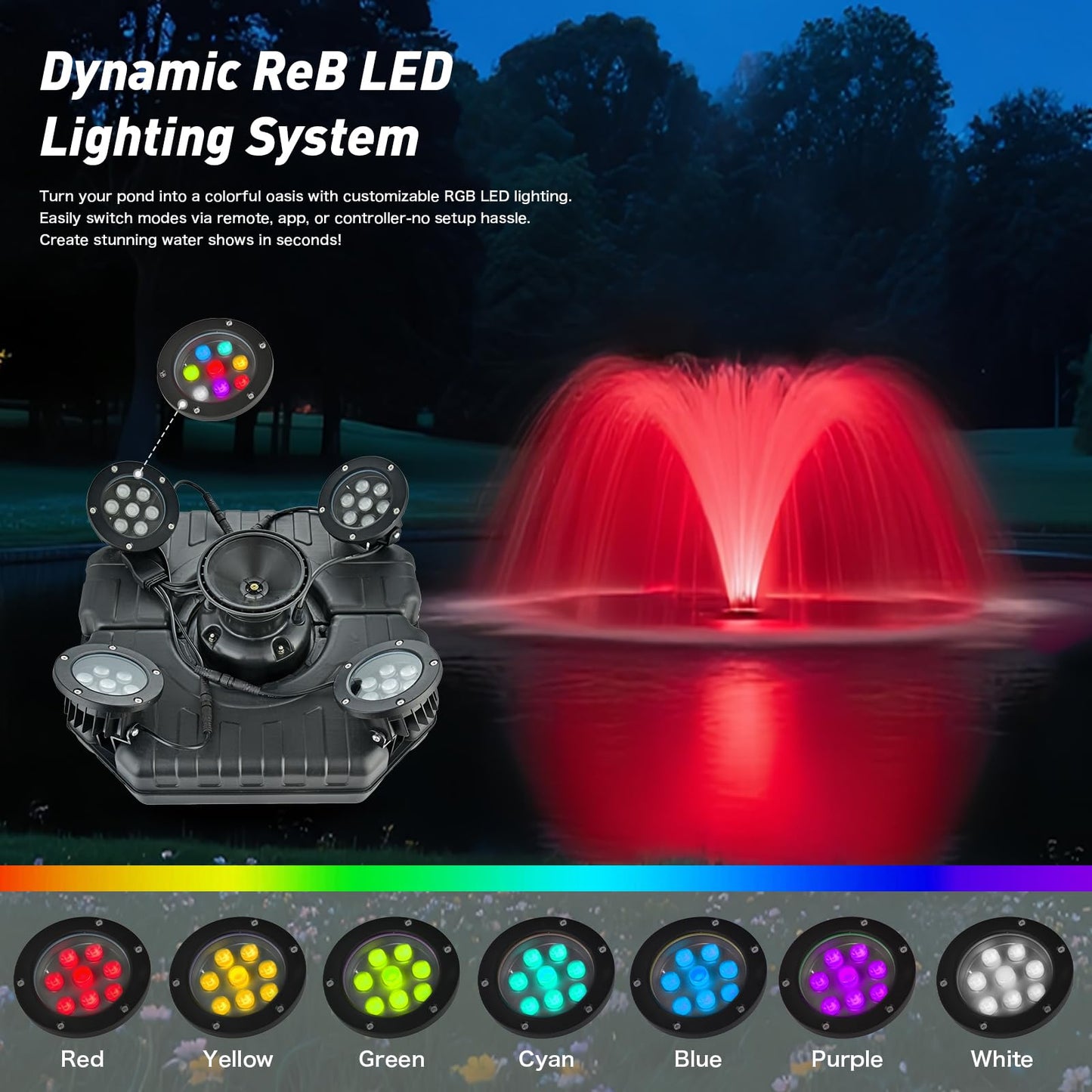 ShuDwrpu Premium LED Pond Fountain with RGB Lighting System, Stainless Steel Rotor, All-Copper Motor, Remote Control, Dynamic Color Changing, for Garden Ponds (Without Light)