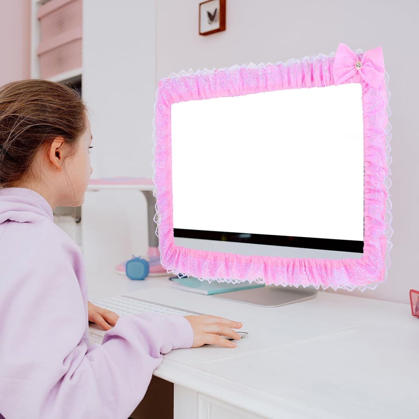 LLOUSSAK 23''-27'' Pink Monitor Cover, Cute Computer Monitor Covers with Bow-Knot, Lace Fabric, Monitor Dust Cover, TV