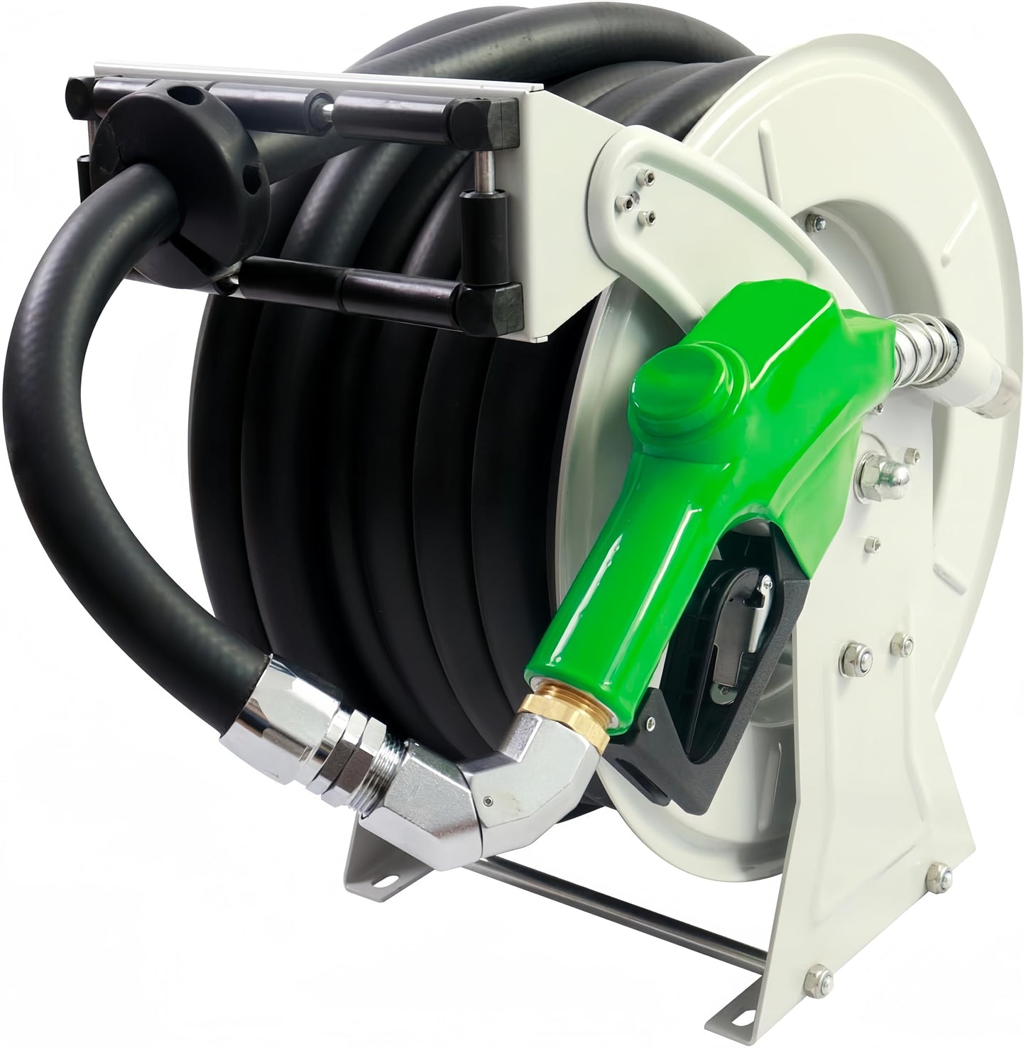 MENAITEK Fuel Hose Reel W/AUTO Fuel Nozzle,Fuel Hose Swivel,3/4"x50FT Fuel Transfer Hose Diesel Hose Reel Retractor,300 PSI Heavy Duty Auto Swivel Rewind Hose Holder Reel,1"NPT Inlet,3/4" NPT outlet