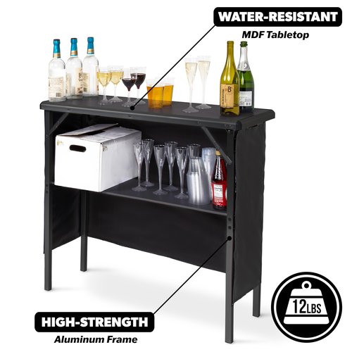 GoBar Portable Bar Table for Events - Pop Up Mobile Bartending Station with Travel Carrying Case - 3 Skirts