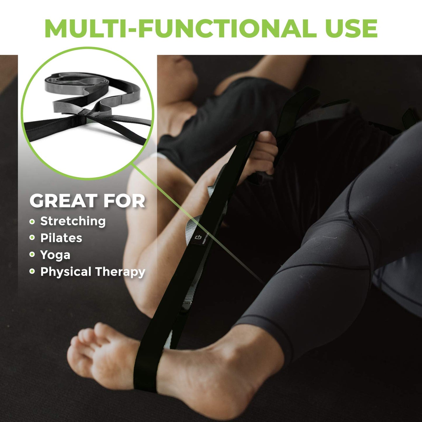 Gradient Fitness Stretching Strap for Physical Therapy, 12 Multi-Loop Stretch Strap 1" W x 8' L, Neoprene Handles, Physical Therapy Equipment, Yoga Straps for Stretching, Leg Stretcher (Black)