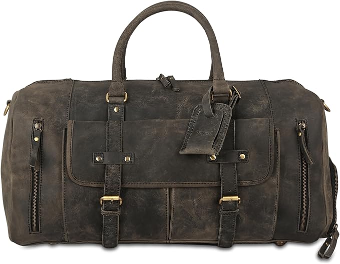 KomalC 24 Inch Leather Duffel Bags for Men and Women Full Grain Leather Travel Overnight Weekend Leather Bags Sports Gym Duffle for Men (Charcoal Black With Shoe Pocket)