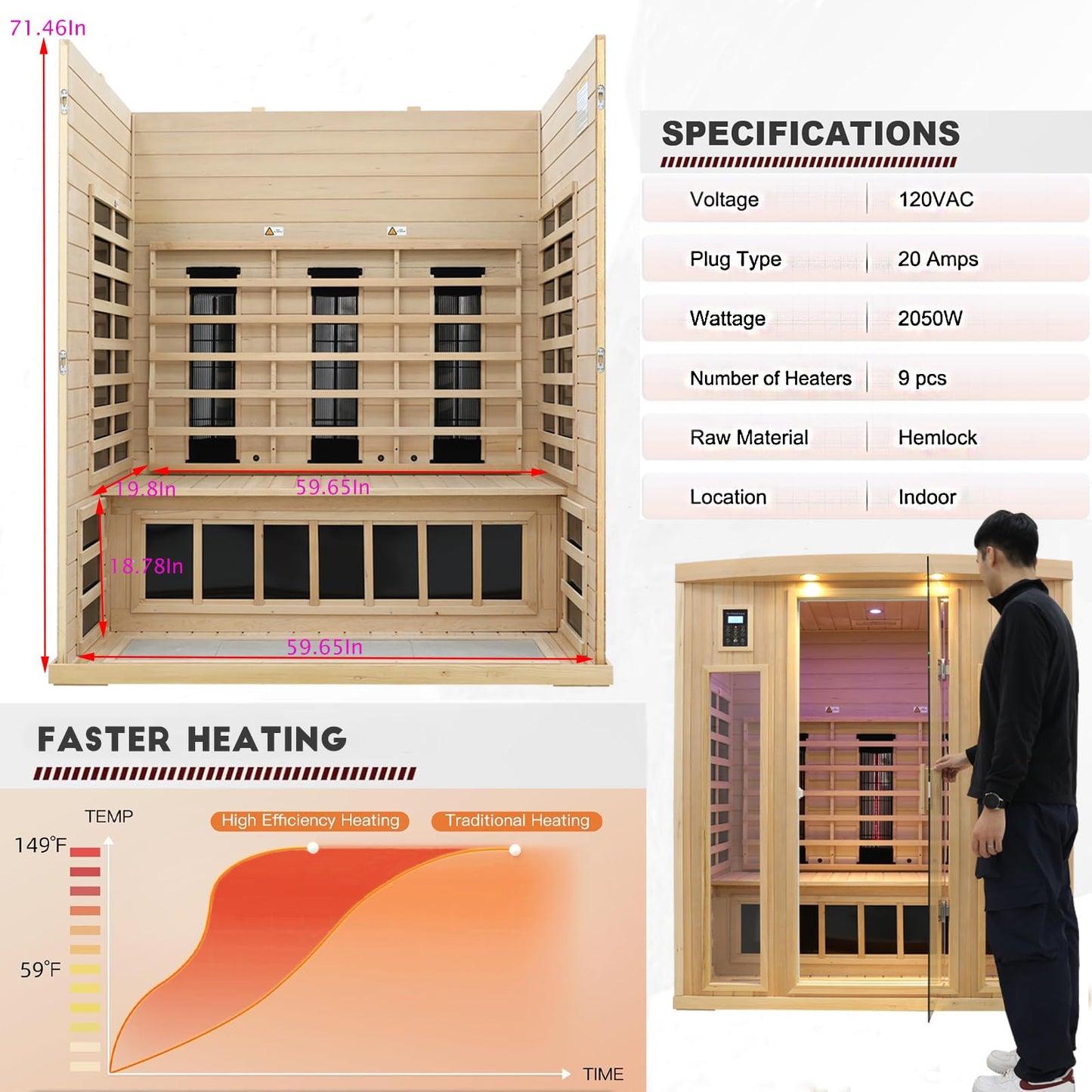 KUNSANA Ceramic Infrared Sauna 3 Person, Infrared Saunas for Home, Low EMF Far Infrared Sauna, Indoor Home Sauna Spa, Hemlock Wooden Sauna with Bluetooth Speaker, Chromotherapy Lamp, 2050W