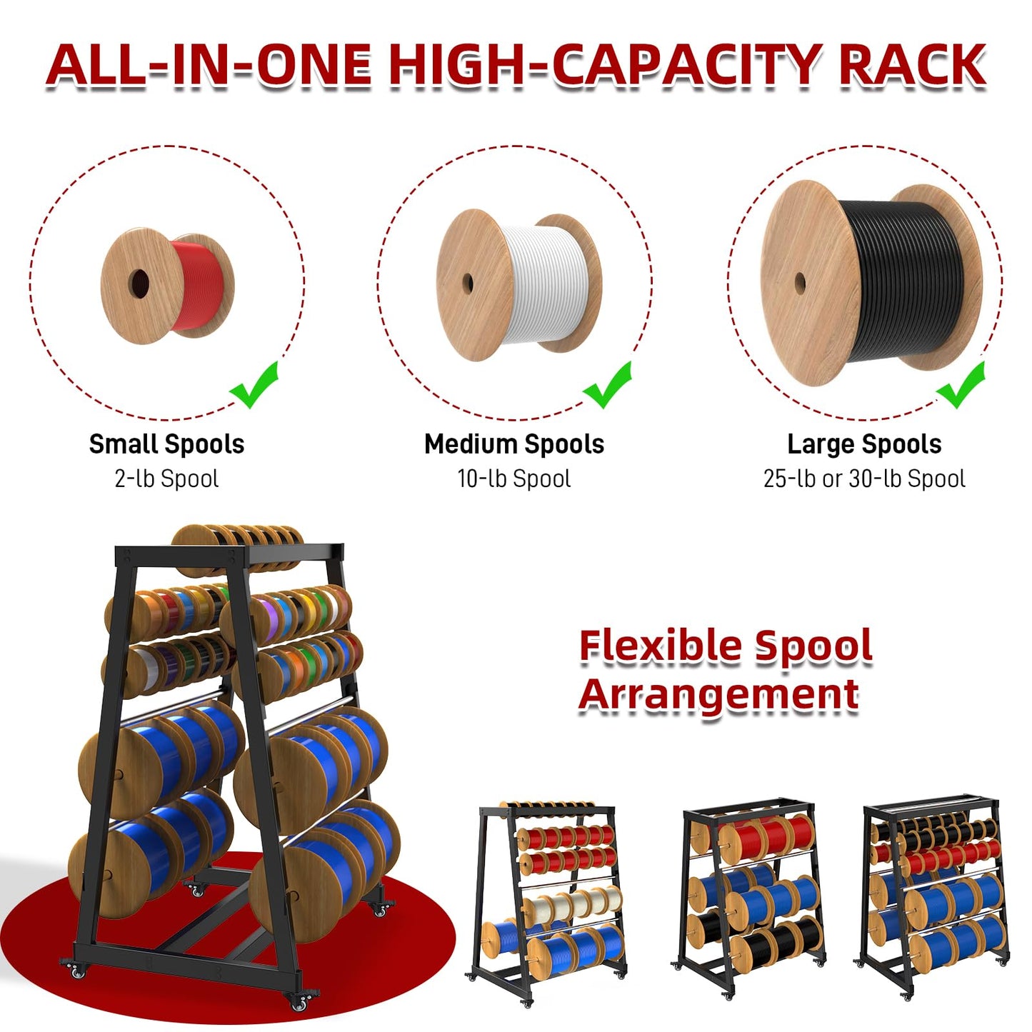 ATOLS Heavy-Duty 13-Rod Wire Spool Rack – 400lb Capacity, Adjustable Cable Caddy & Dispenser with Locking Wheels for Electrical and Industrial Use