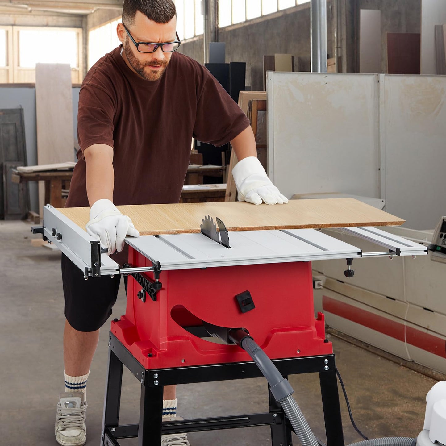 GarveeTech Table Saw, 10 in 15A Multifunctional Saw With Stand & Push Stick, 90° Cross Cut & 0-45° Bevel Cut, 5000RPM, Adjustable Blade Height for Woodworking, Red