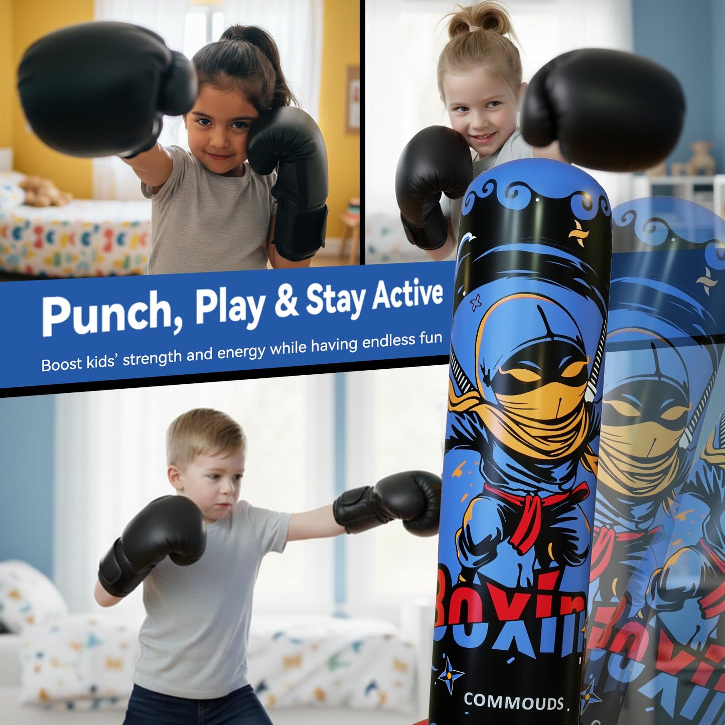 COMMOUDS 67inch Punching Bag for Kids, Inflatable Kids Boxing Set with Gloves, Fast Rebound Punching Bag for Practicing Karate, Taekwondo, MMA, Christmas/Birthday Gift for Boys Girls, Ages 6-14 (Blue)