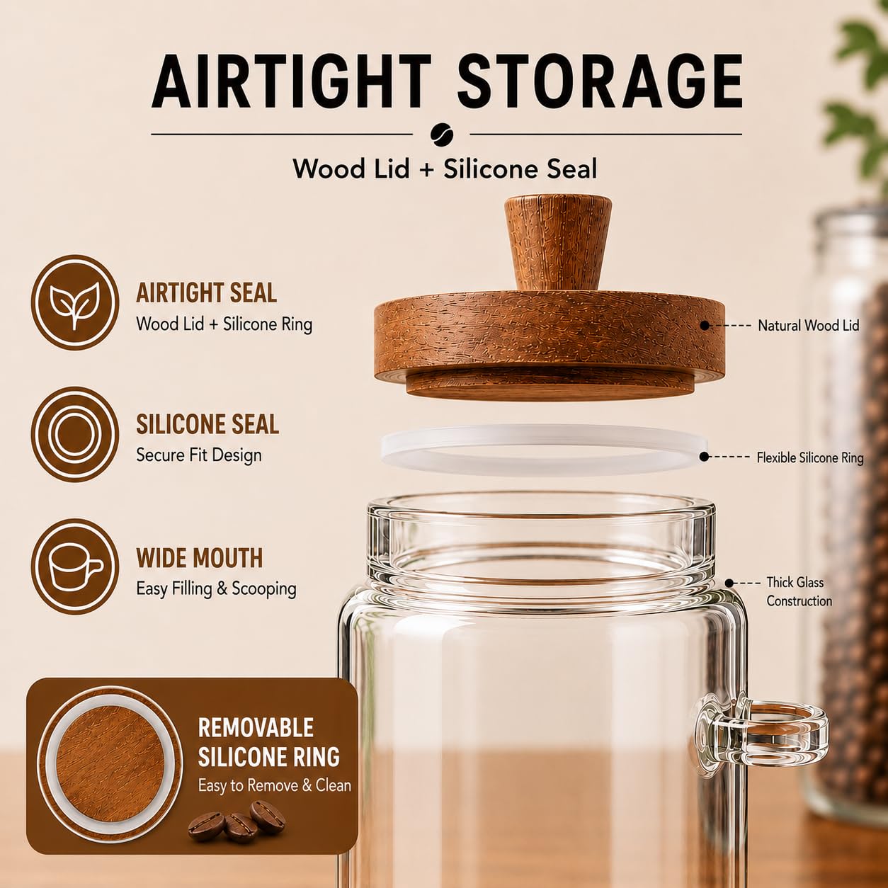 ANSQU Set of 2 Glass Food Storage Jars with Woodens Lid and Spoons, 20.3oz Glass Kitchen Canisters for Coffee, Tea, Cereal, Spice and Canning, Mason Jars, Cute Jars