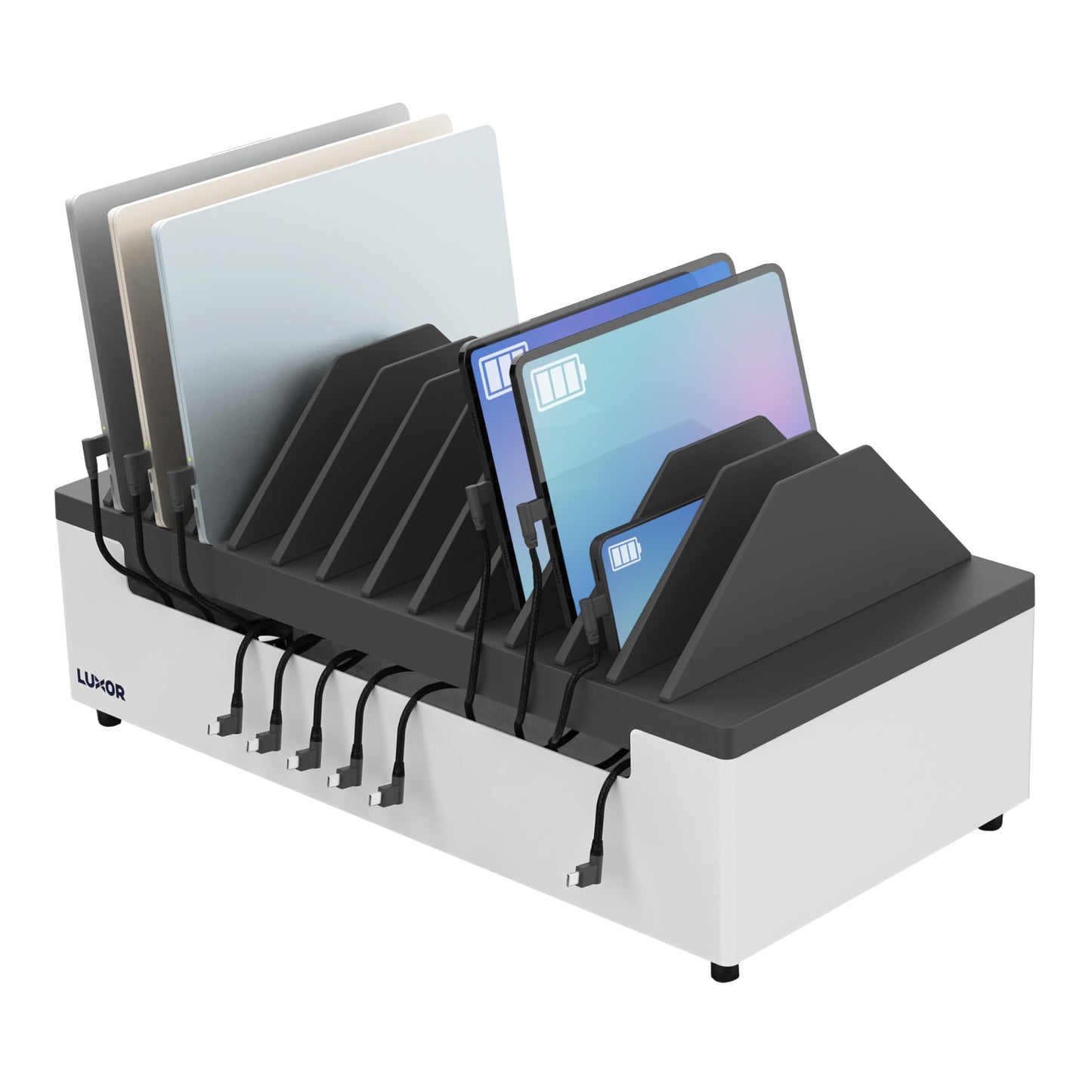 Line Leader 12-Device Open Charging Station | Compact Desktop Charger for Laptops, Tablets, & Chromebooks | Space-Saving Design with Adjustable Dividers & UL Safety-Certified Power Strip