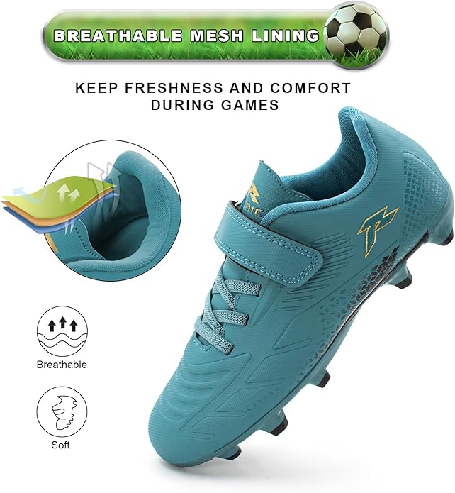 RUNIC Kids Soccer Cleats for Boys and Girls - Small and Big Kid Athletic Outdoor Football Shoes - Firm Ground - Hook and Loop Closure - Black/Gold