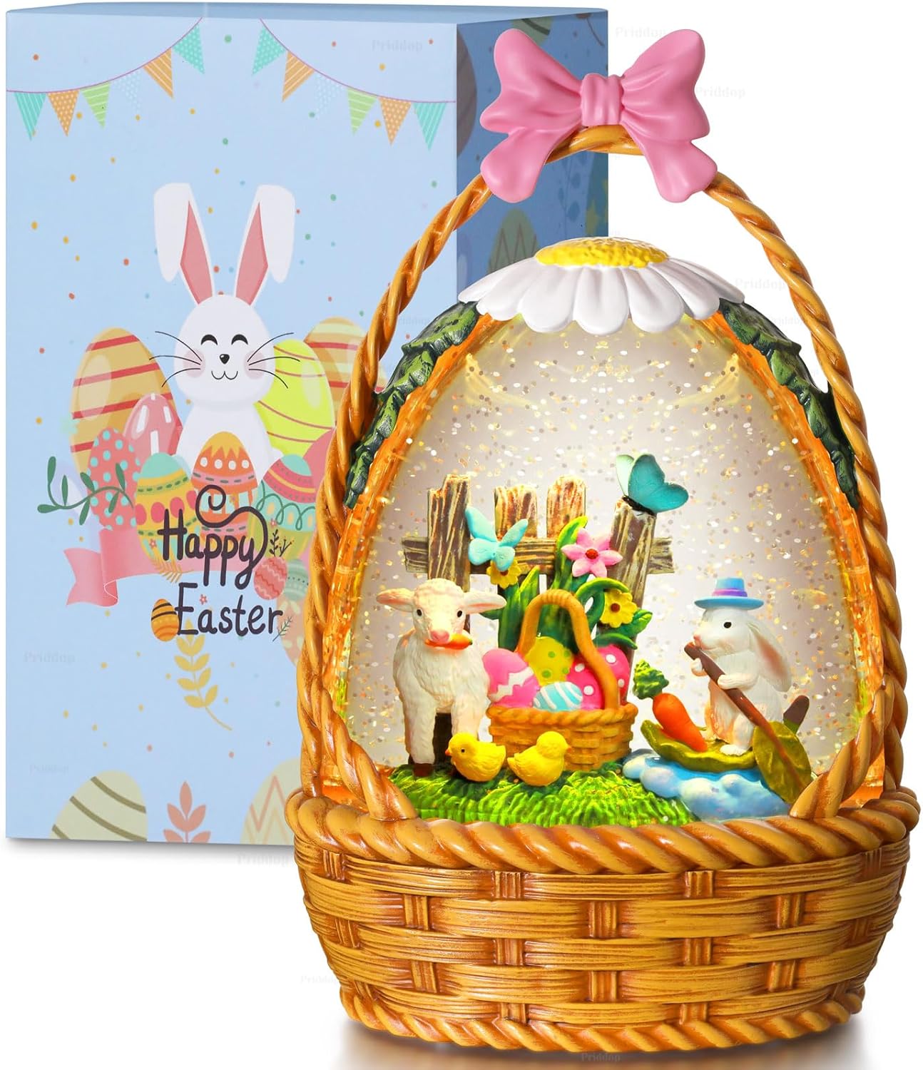 Priddop Easter Bunny Snow Globe | 9.5-Inch Glittering Tabletop Decoration with Timer