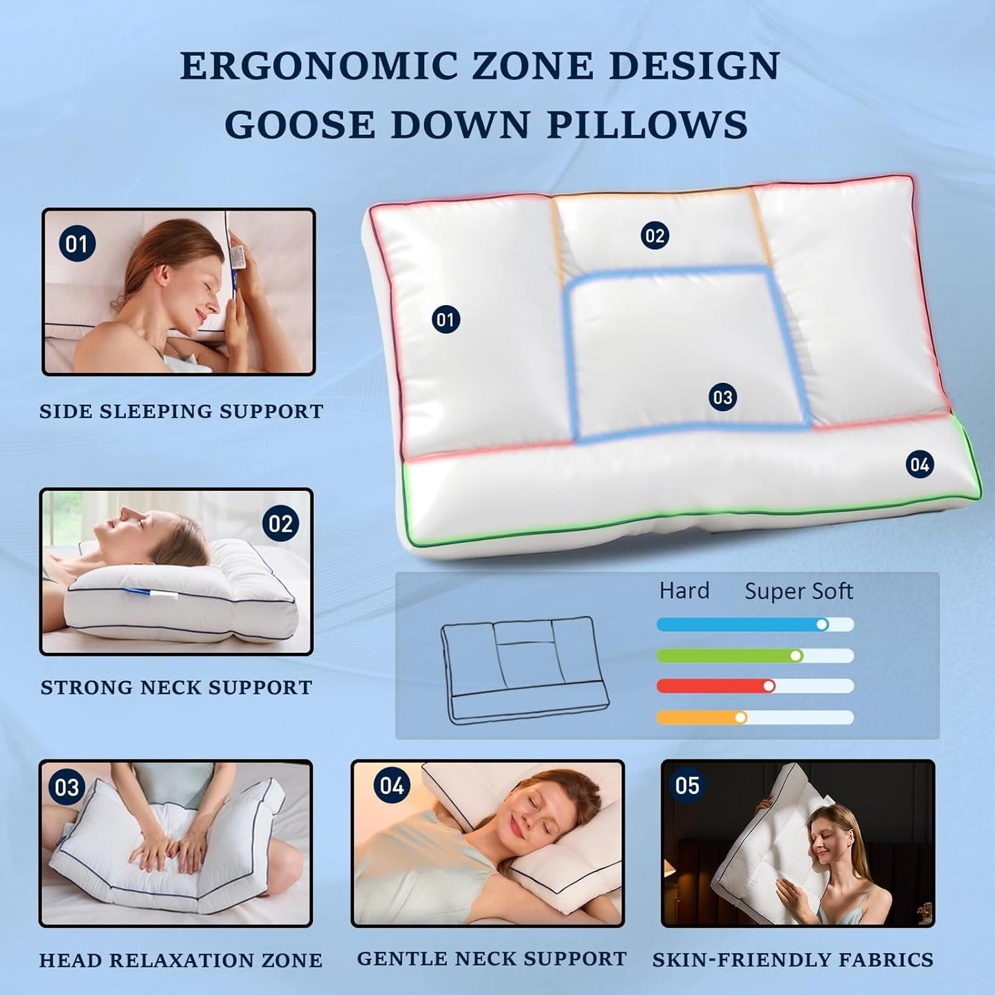 Skiennix Goose Down Pillow - Ergonomic Cervical Neck Pain Relief | Soft Cotton Cover, 16.5x26 Inch
