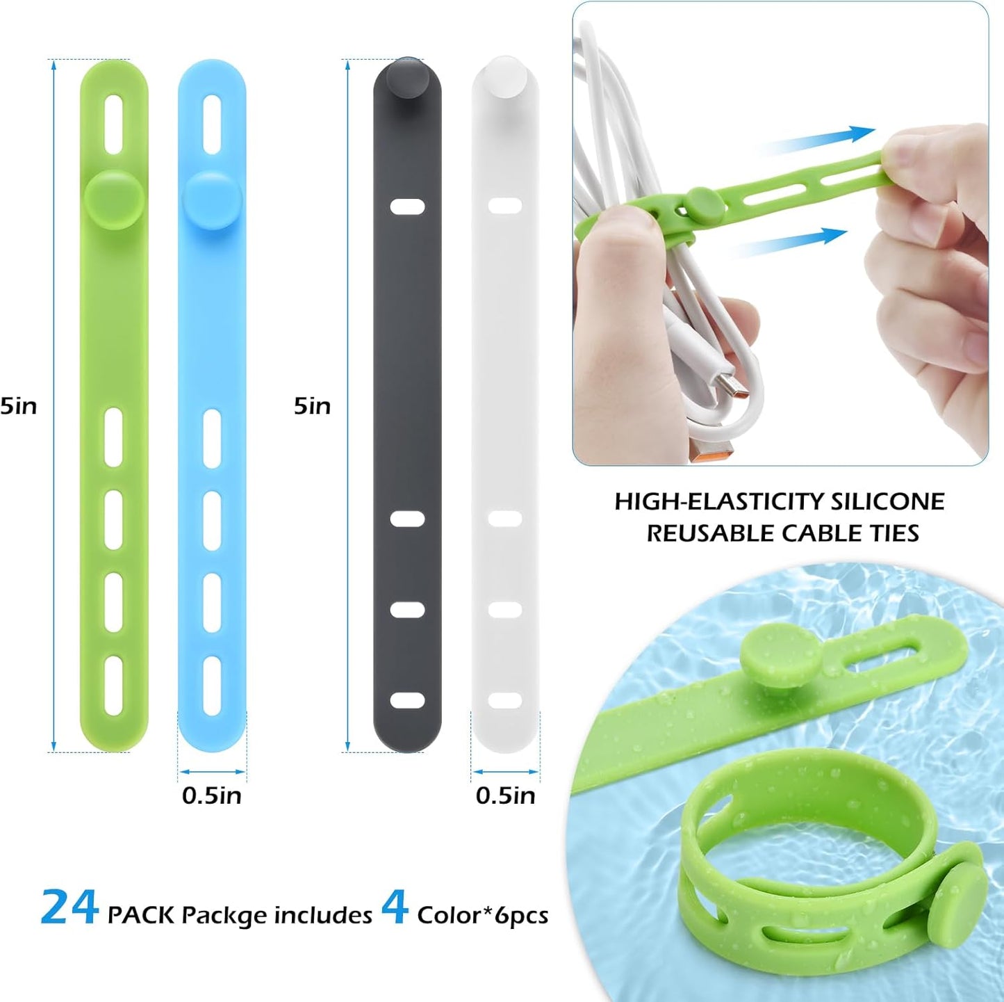 Cbfoeyk 24 5Inch (4 Pcs Silicone Cable Ties, Wire Cord Organizer, Cord Ties Reusable Cable Organizer Cable Management