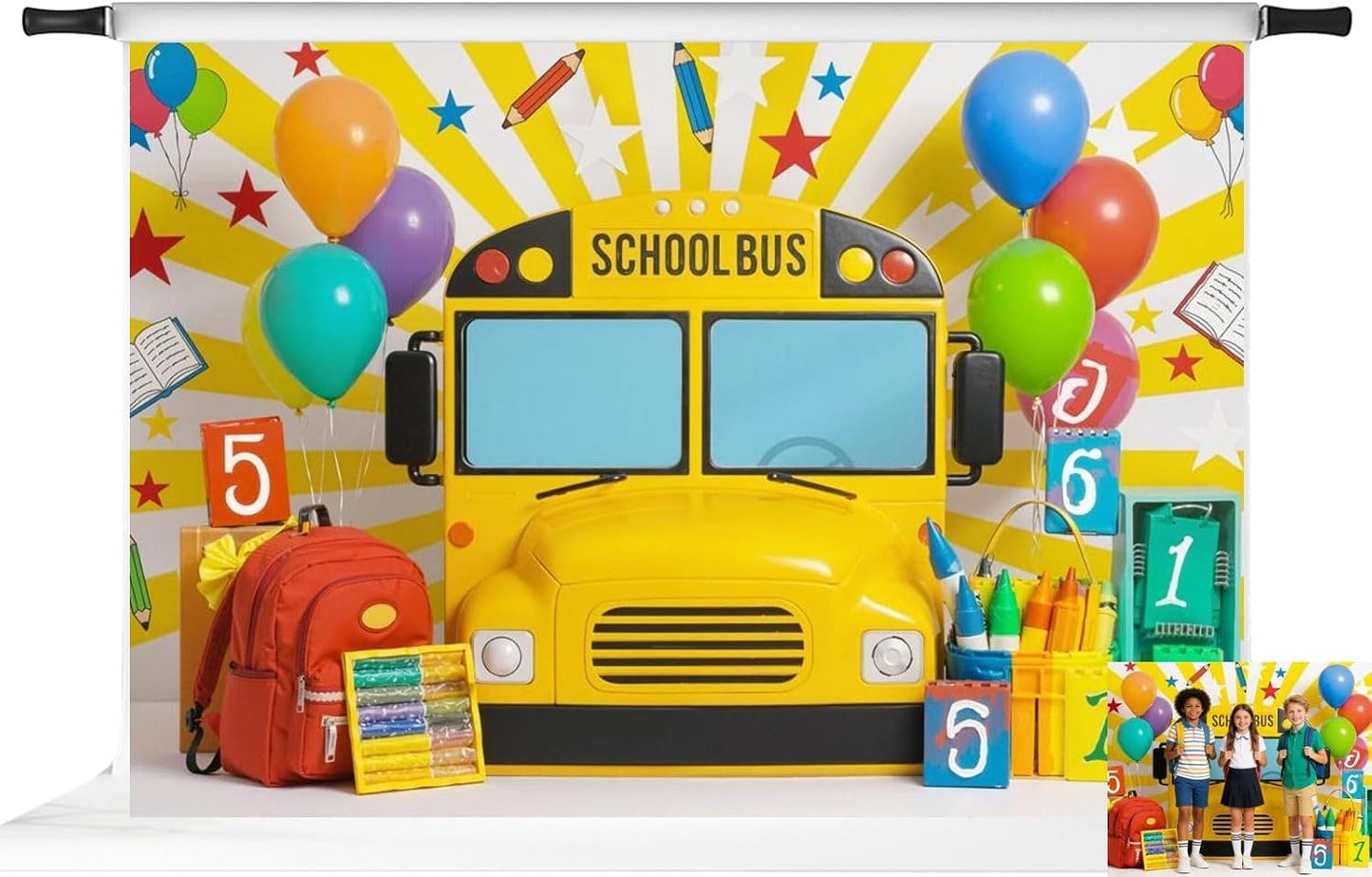 Kate Backpack Props,7x5ft Back to School School Bus Balloons Crayons Backdrop Photo Background Studio