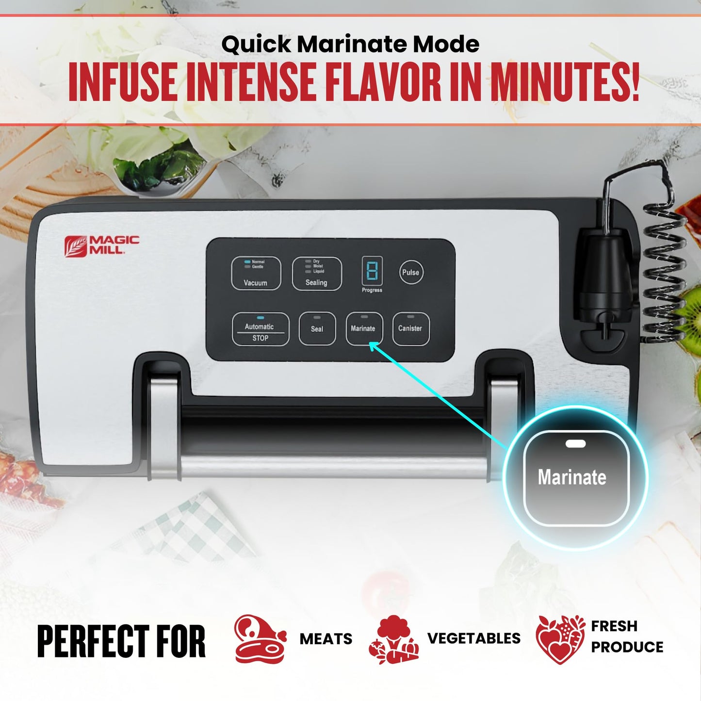 Magic Mill Pro Liquid Vacuum Sealer Machine, New Patent Technology for Liquid, Dry, Moist Food, Upgraded Handle Lock, 90Kpa Bag Storage, Built-in Cutter, Removable Drip Tray, Double Seal for Freshness