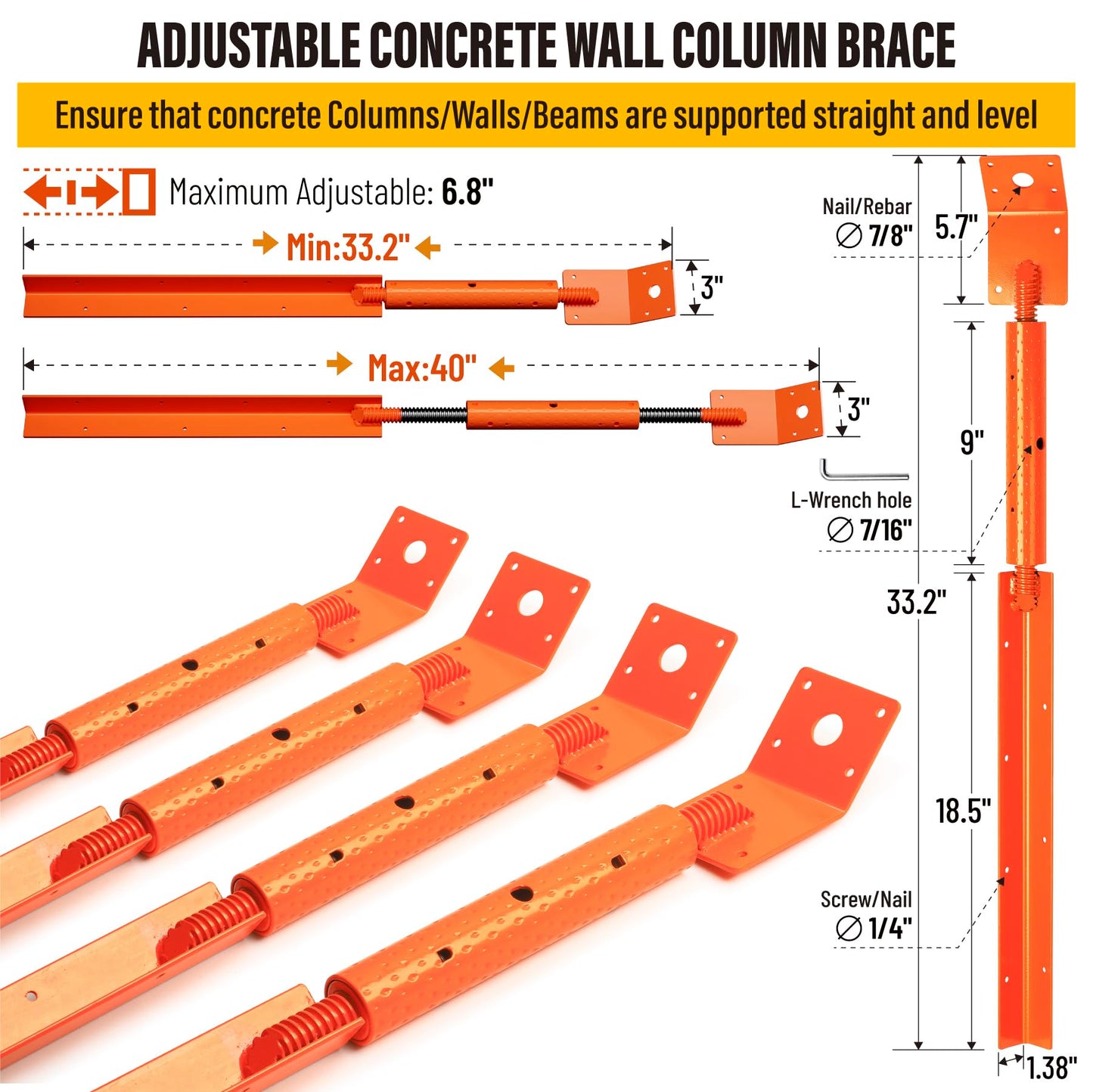 EPCEE Adjustable Wall Brace Concrete Turnbuckle Form Aligner 33.2"-40" Length Heavy-Duty Steel Formwork Support Anti-Loosening Brace for Walls/Columns/Beams (8, Safety Orange, 33.2"-40")