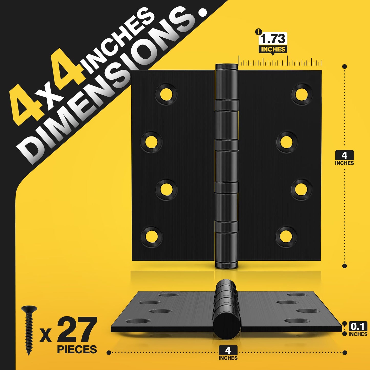 KOLET Ball Bearing Door Hinges, 4 x 4 Inches Door Hinges, Square Corner Heavy Duty Hinges, Commercial Grade Stainless Steel, Smooth and Non Removable Pin, Matte Black, 3 Pack