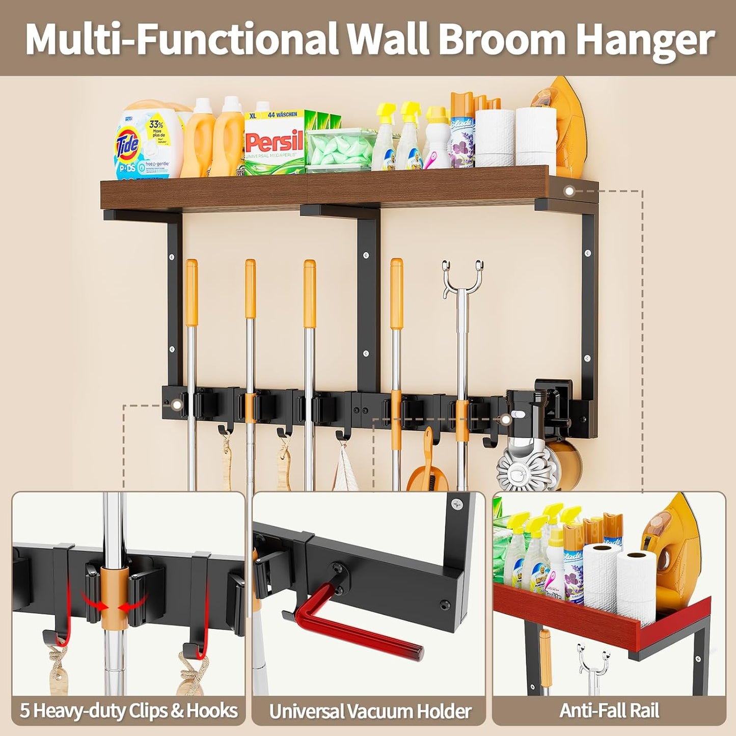 Skiennix Broom Holder Wall Mount - Versatile Cleaning Supplies Organizer with Mop Hanger & Gripper Hooks | Ideal for Home, Garage, Kitchen