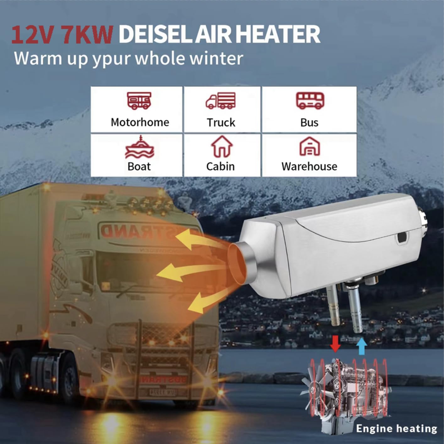 Diesel Air Heater 7KW, 12V Diesel Parking Heater Air Heater Water Heater Integrated Machine, Auto Temp Control, Diesel Heater with Repair Kit & 9L Tank for Trucks, Trailers, Boats, RVs and Motor-homes