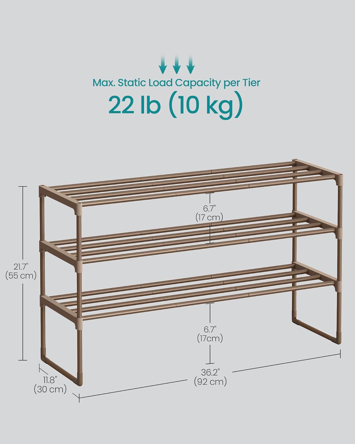 SONGMICS 3-Tier Shoe Rack - Stackable Metal Organizer for 16-20 Pairs | Walnut Brown, 11.8 x 36.2 x 21.7 Inches