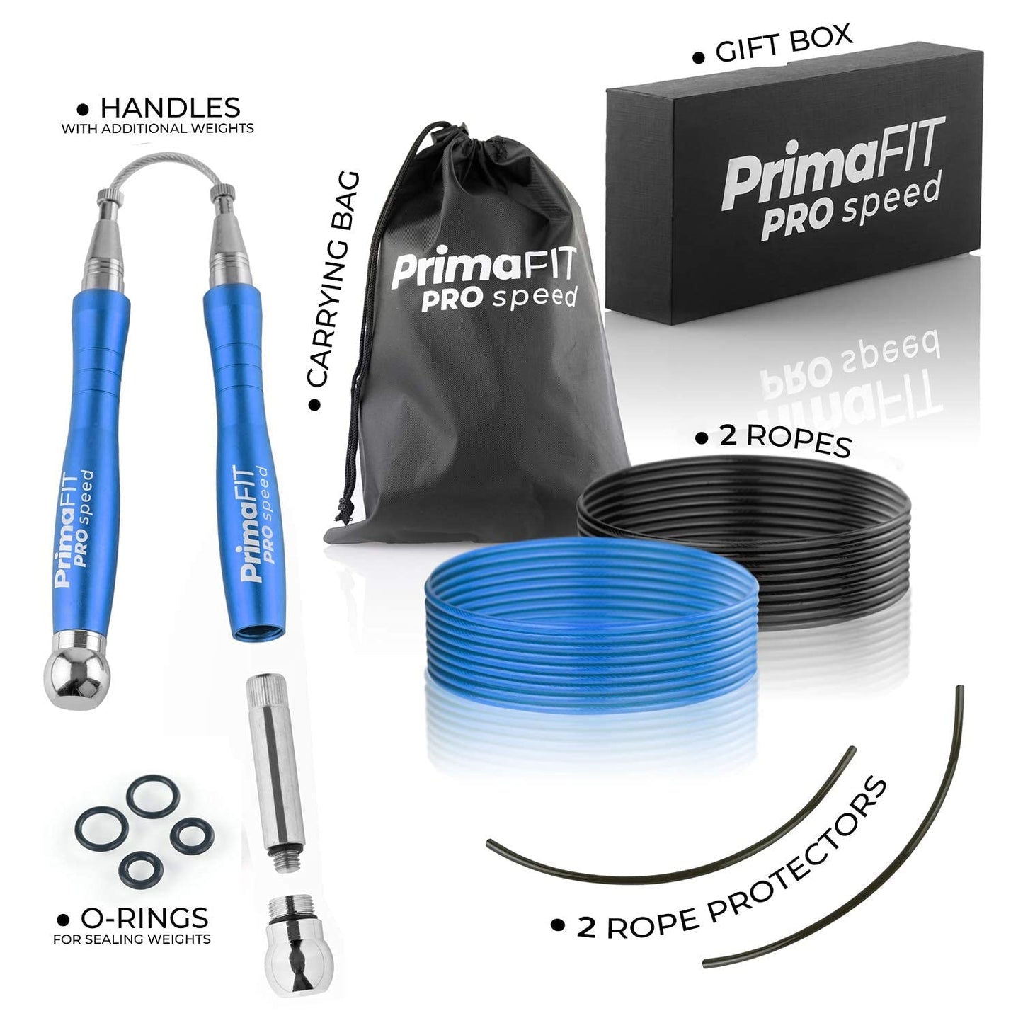 PrimaFIT Jump Rope Pro Speed Skipping Rope Adjustable Adult Jumping Rope Weighted Aluminium Handles for Double Dutch Boxing Workout Crossfit Exercise Fitness Spare Cable Weights Protectors Carry Bag