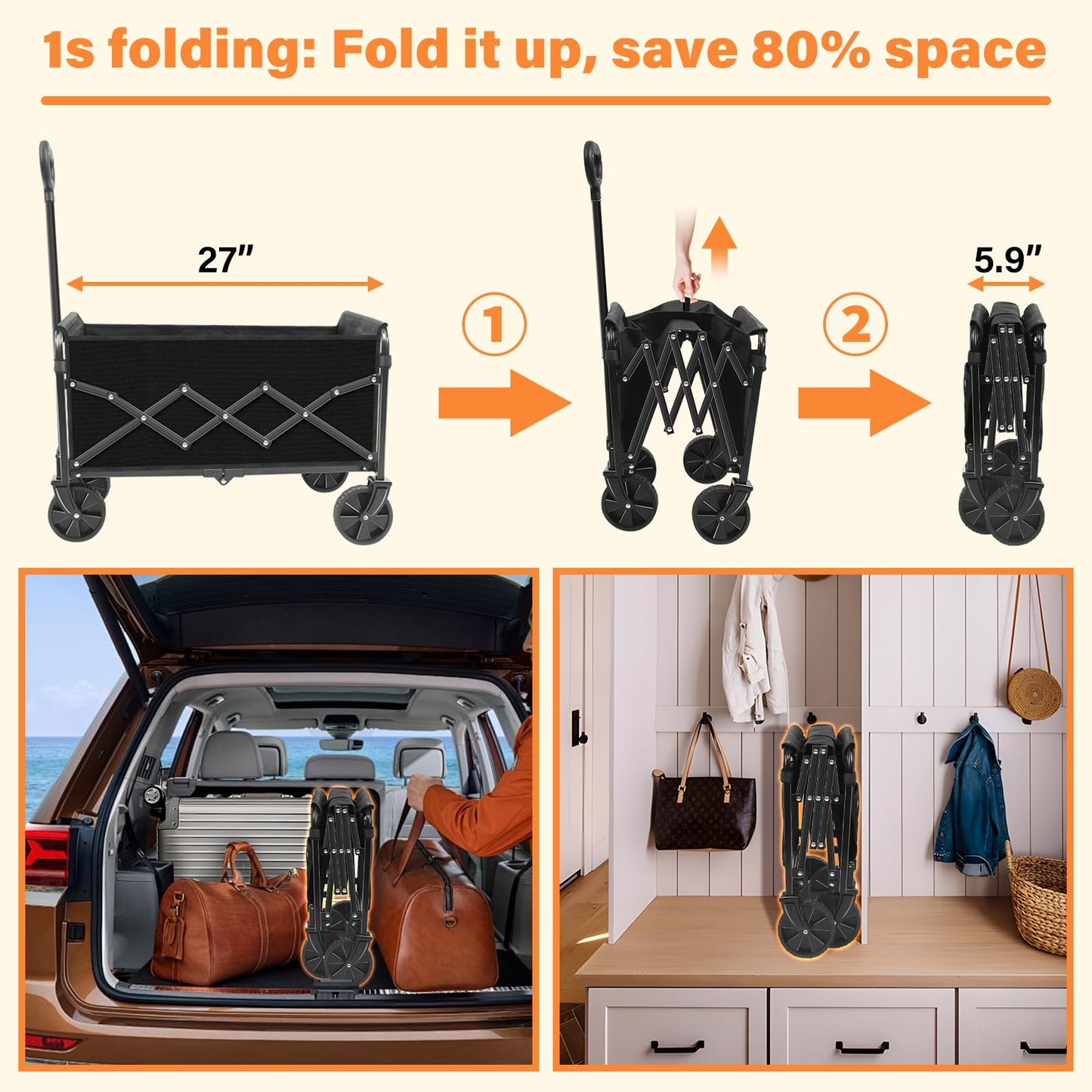Wagons Carts Foldable,360lbs Collapsible Wagon with Wheels, Lightweight Foldable Wagon Cart with Drink Holders for Camping,Travel,Picnic,Shopping,Sports,Storage,Fashion Black