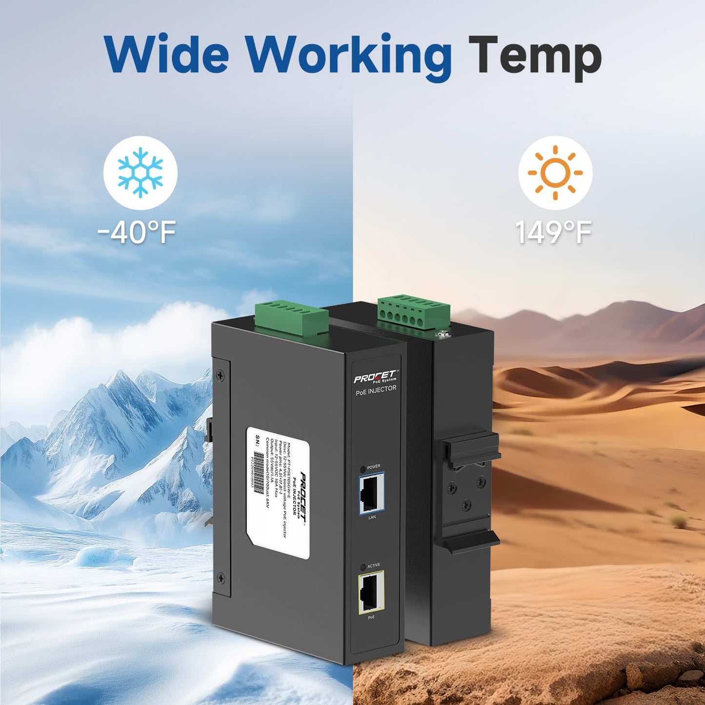 PROCET Gigabit PoE Injector 60W DIN Rail, 6KV Surge Protection, -40℉ to 149℉ for eero PoE 6/7, UniFi U6 Pro, Sisco Access Point, PTZ AI Turret Camera, Digital Transportation, Information Kiosks