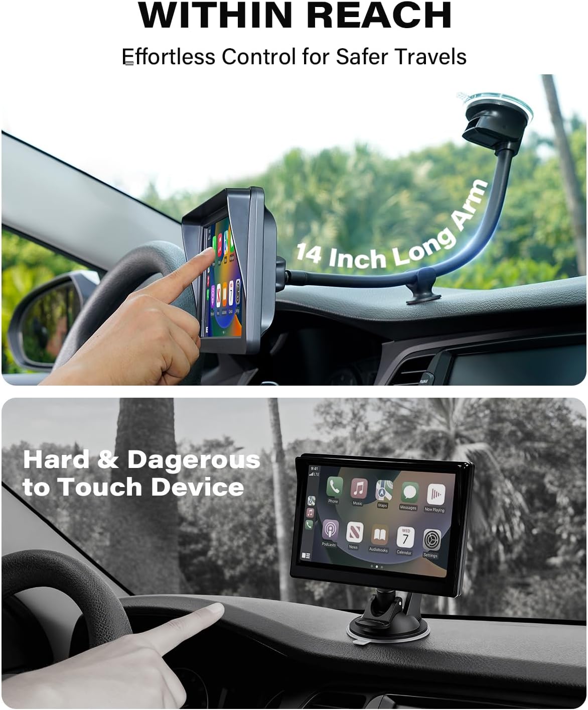 1Zero 14-Inch 7-11 Inch Windshield CarPlay Mount for Car, CarPlay Holder Mount with Long Arm, Flexible & Bendable