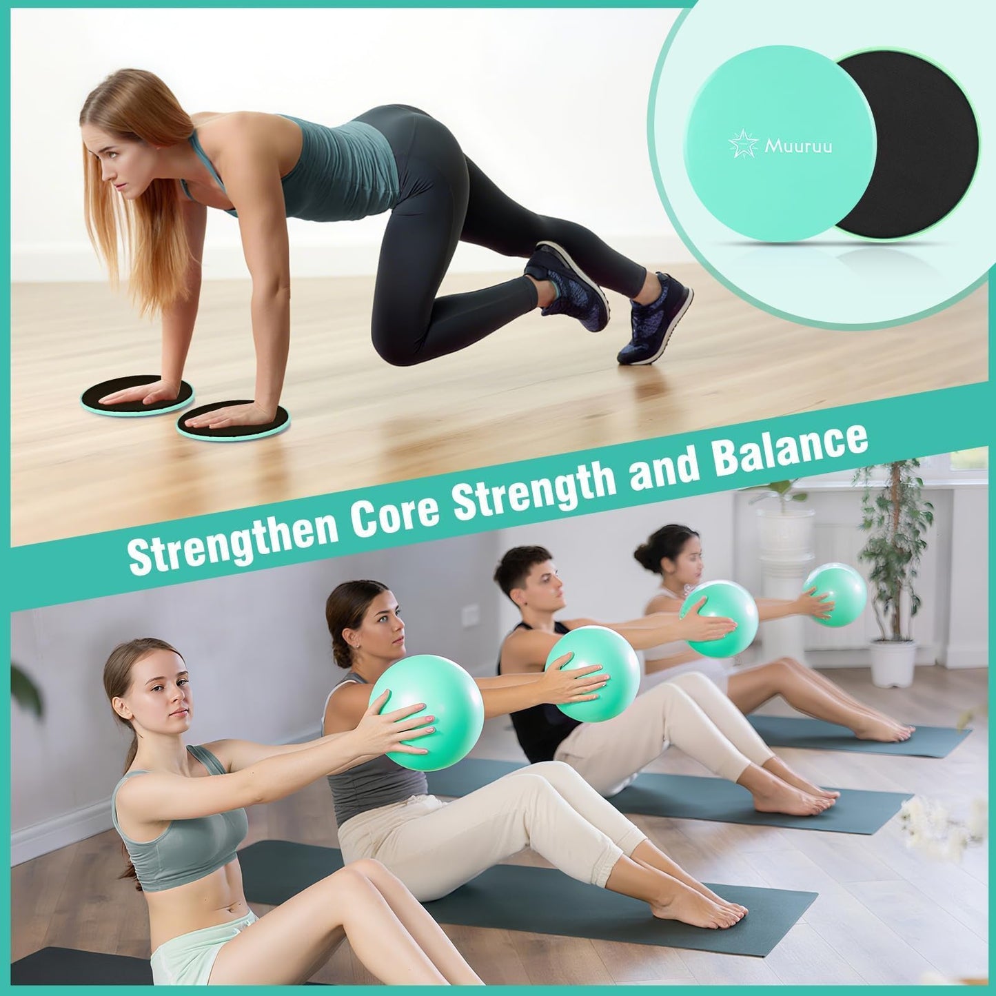 Muuruu Pilates Equipment Kit for Home Workout, Pilates Ring and Ball Set for Women, 14'' Magic Circle Essentials Accessories Kit, Wrist Weights, Resistance Bands, Yoga Strap, Socks, Bag Green