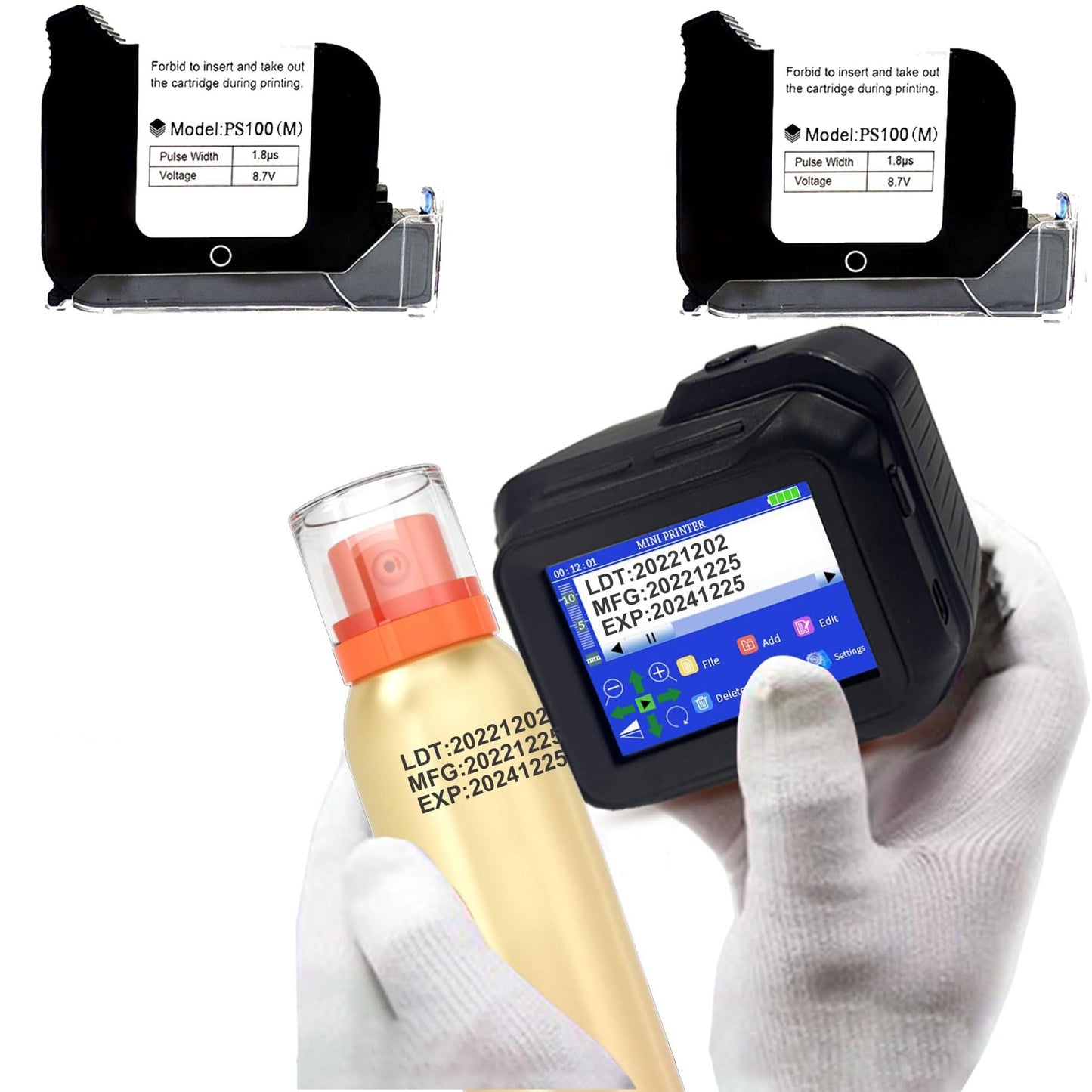 Phezer A Set PC98 Mini Inkjet Printer for Any Surface, with 2 Pcs Original Solvent Ink Cartridge (Black)
