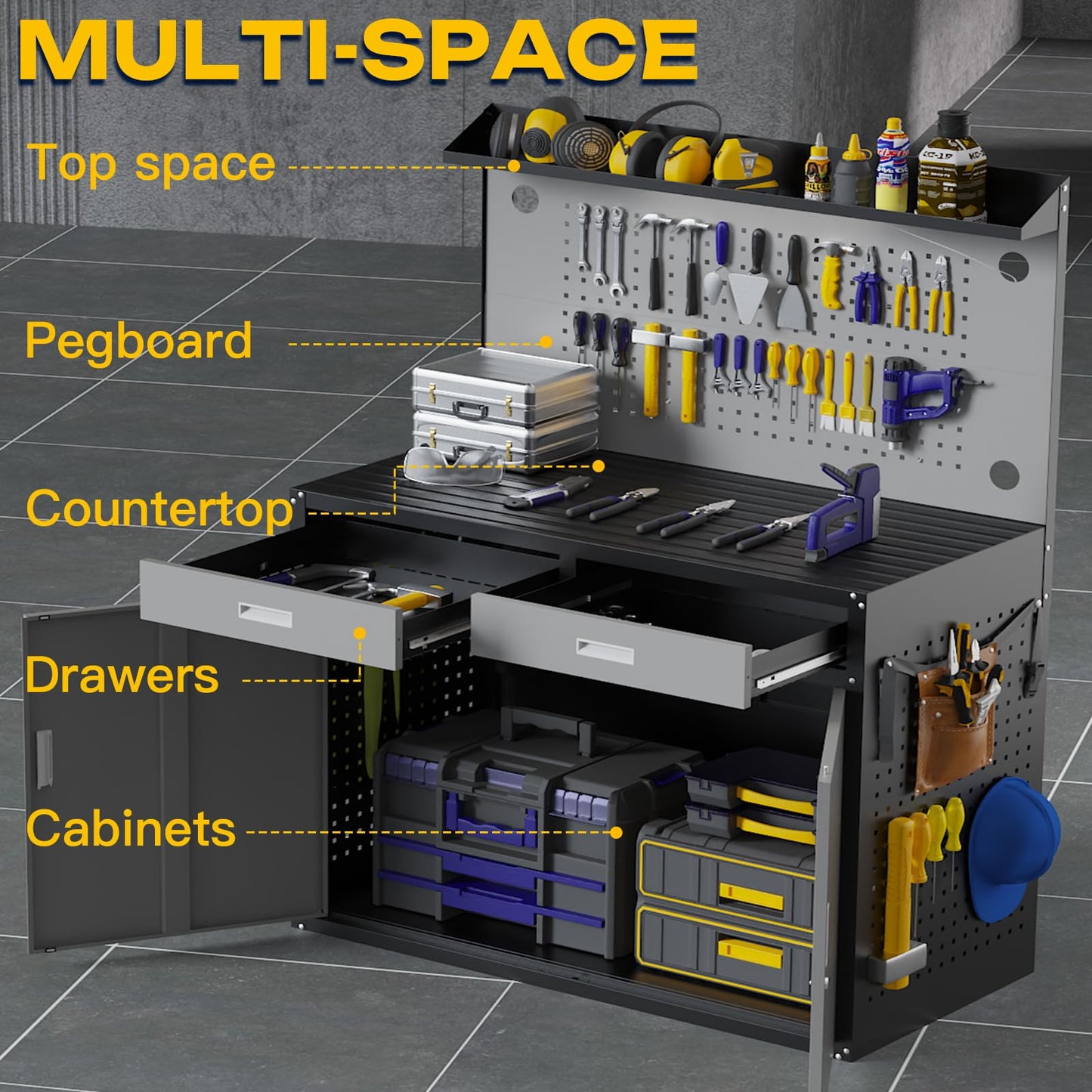Eltean 48" Work Bench,Heavy Duty 2500 LBS Capacity Workbench with Drawers and Storage,Work Table with Light & Pegboard,Work Benches for Garage