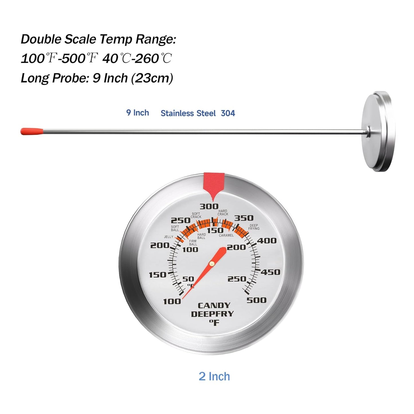 Skiennix Candy Thermometer - 2 Inch Large Dial & 9 Inch Stainless Steel Probe | Perfect for Frying & Confectionery