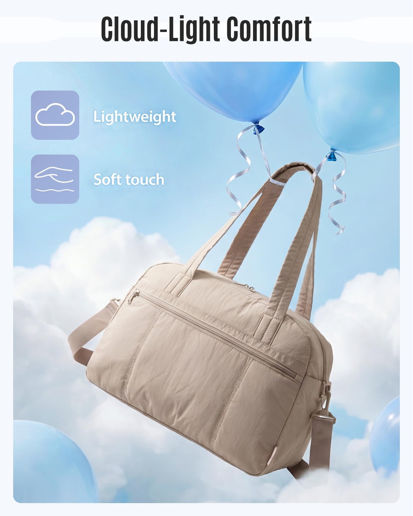 LIGHT FLIGHT Gym Bag for Women, Lightweight Personal Item Travel Bag, 20L Weekender Bag with Toiletry Pouch, Carry on Overnight Dance Bag, Camel