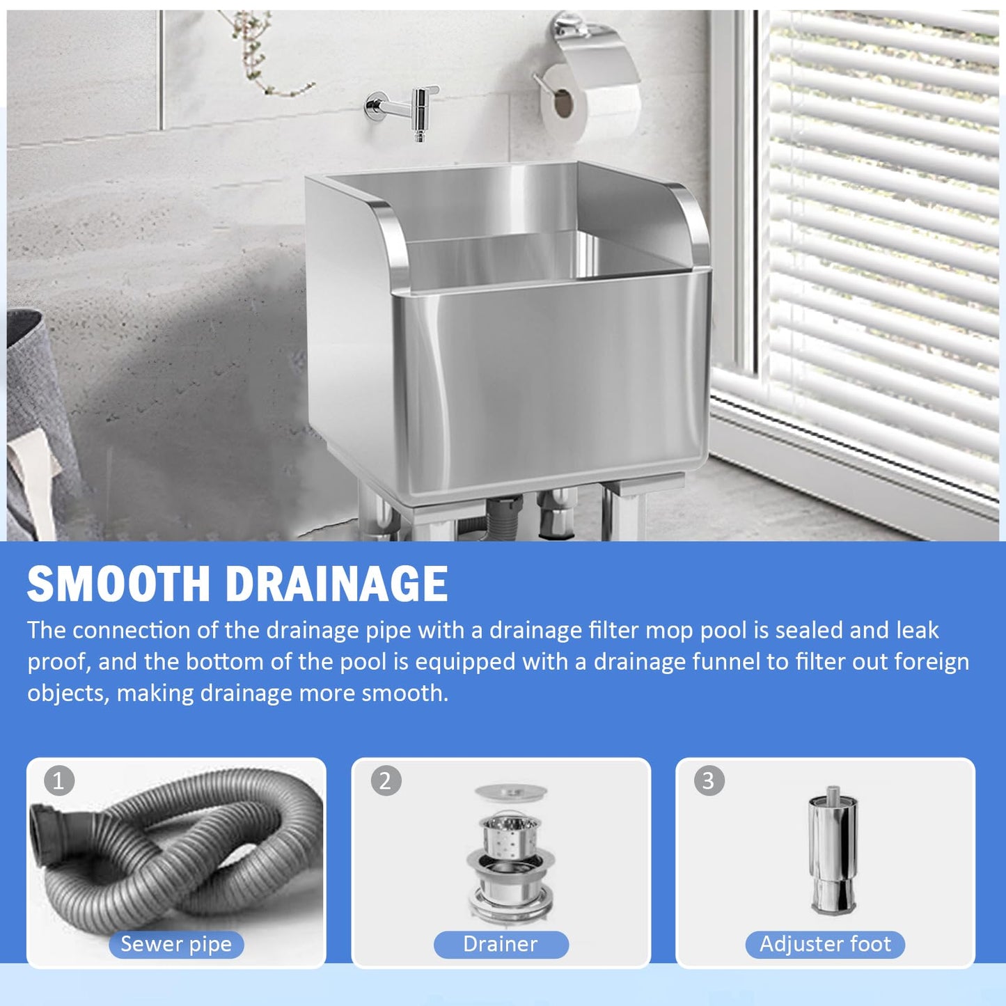 Commercial Floor Mop Sink，Stainless Steel Mop Service Basin，Mop Cleaning Sink，Vertical industrial sewage tank for balconies, laundry rooms, industries, etc（17.7”×16.1”×21.6”)