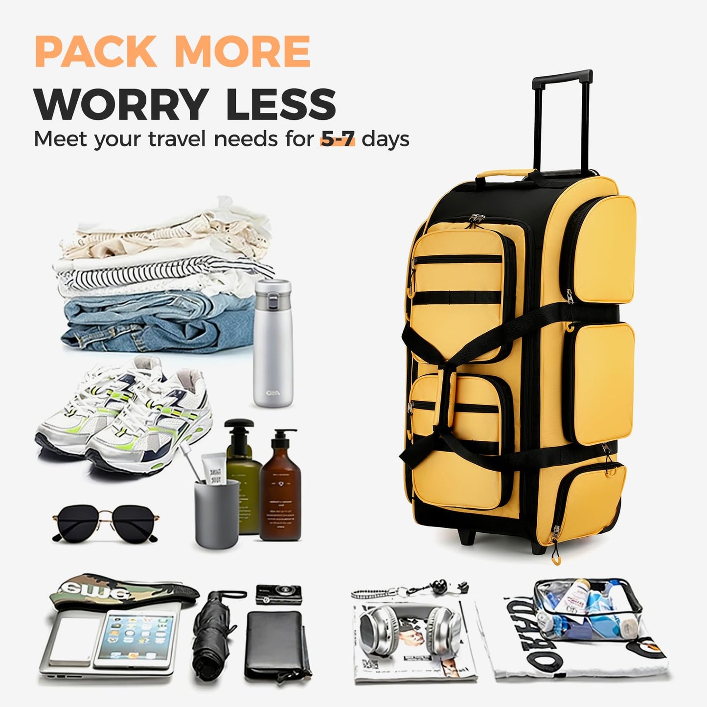 Searock 90L Rolling Duffle Bag with Wheels and Handle, 31” Large Duffle Bag for Travel, Carry On Luggage Duffel Bag with Shoe Compartment, Multi-Pocket, Water Resistant, Yellow