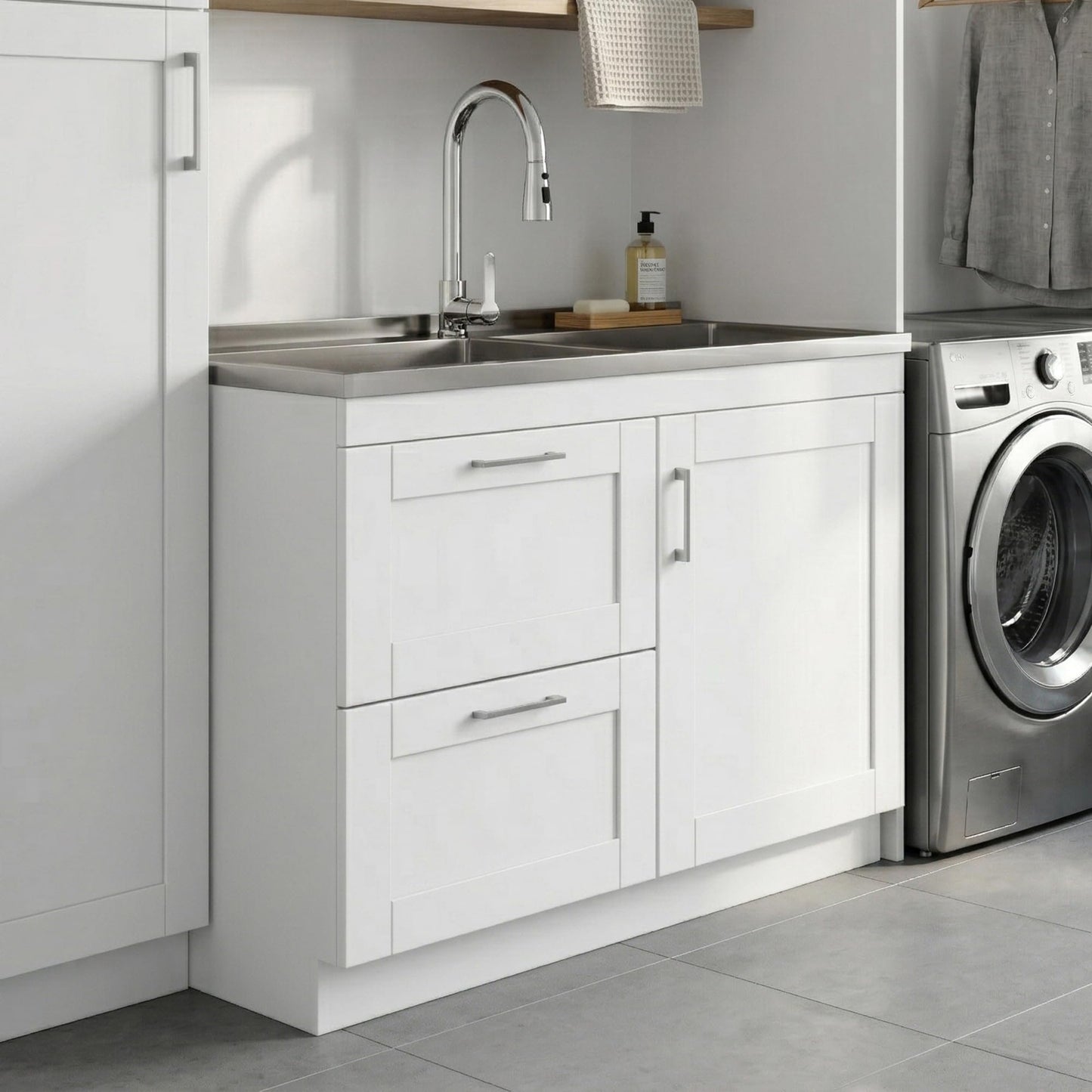 SIMPLIHOME Modern Wide Shaker All-in-One 46 inch Wide Utility Sink and Laundry Cabinet in Pure White Finish, Transitional Stainless Steel Sink Cabinet for Laundry Rooms with High-Arch Chrome Faucet