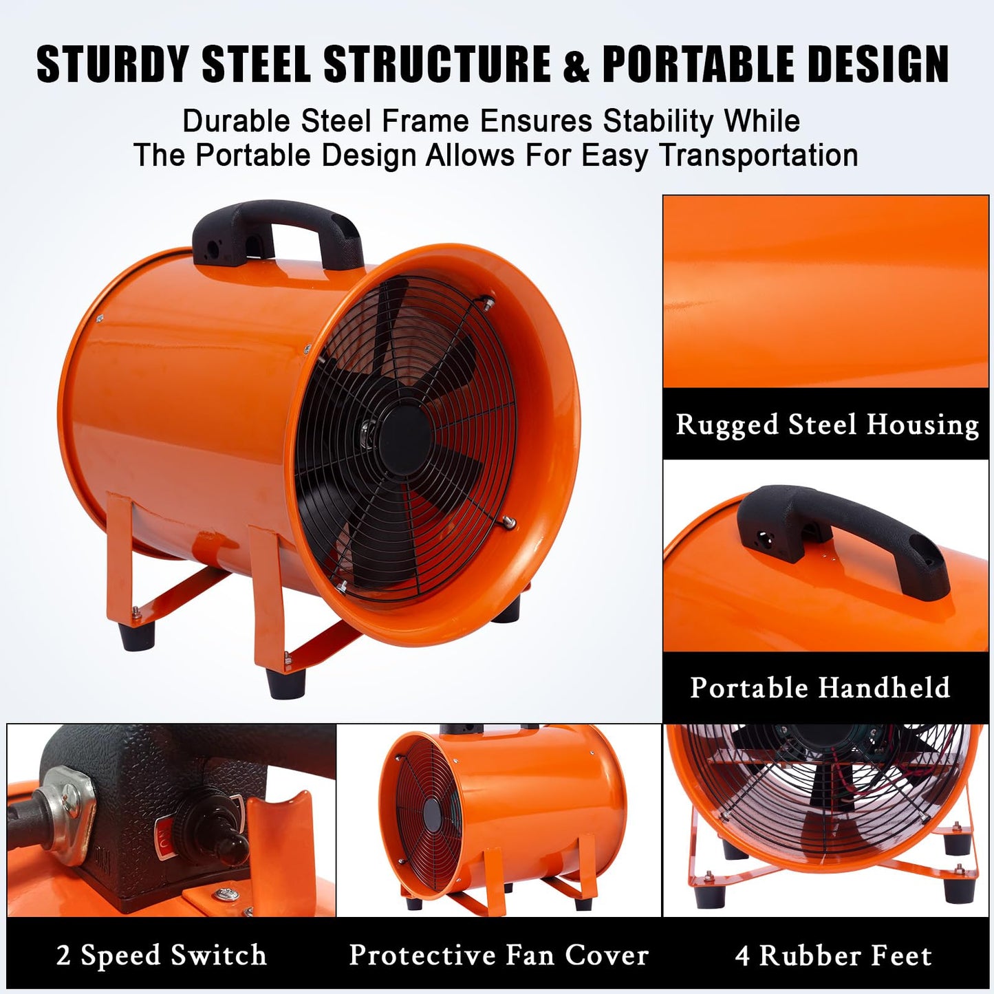 ActiveTrail 12 Inch Air Mover Blower Fan, 3500 CFM 580W Industrial Portable Ventilator Blower with 16 ft Flexible Duct,for Basements, Warehouse, Workshop, or Confined Space