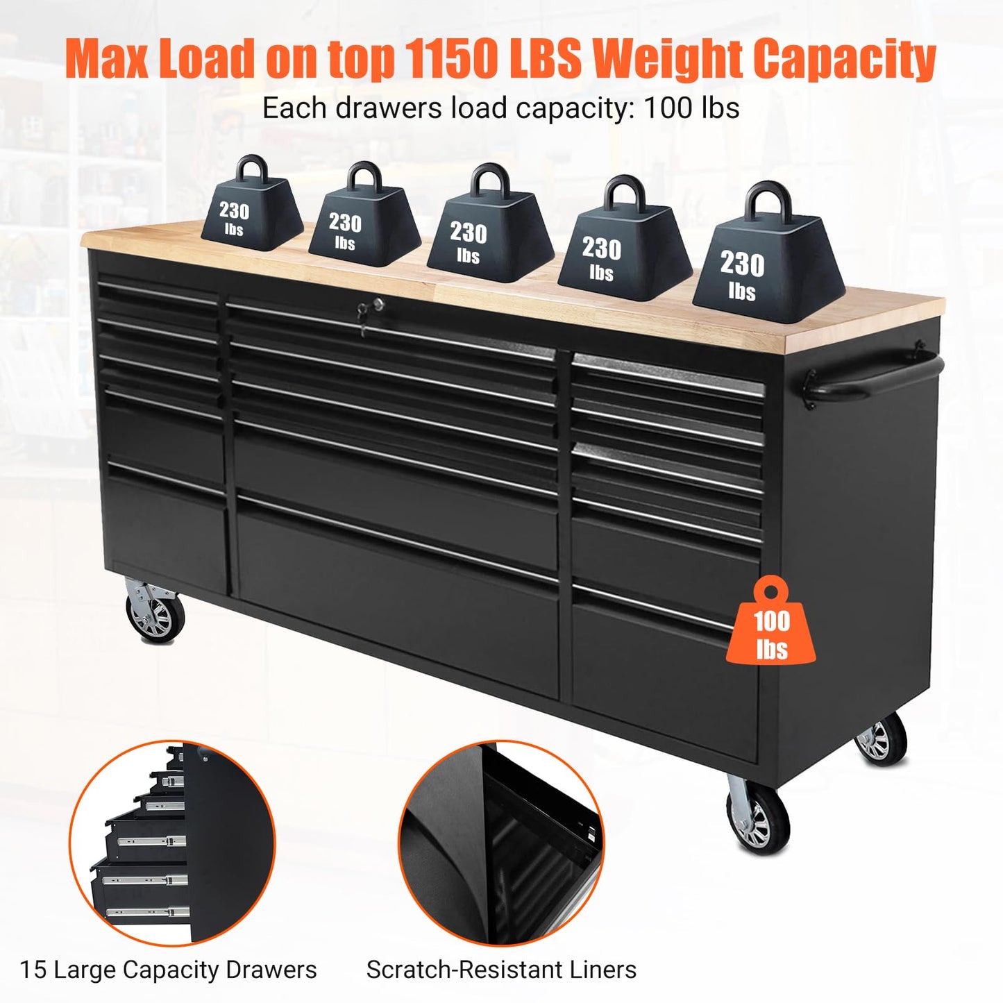 ExploreHorizon 72" Heavy-Duty Rolling Tool Chest & Garage Workbench with 15 Drawers, Steel Cabinet, Rubber Wood Top, Key Locking System, Drawer Liners, On Wheels for Warehouse Repair Shop, Black