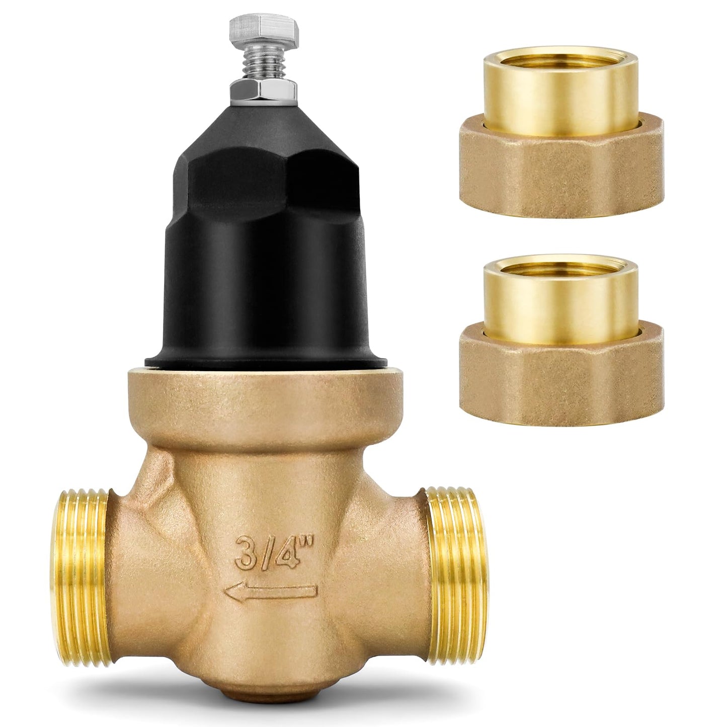 NR3XLDU 3/4" Brass Pressure Reducing Valve With Double Union FNPT Connection, Built-In Stainless Steel Filter, Primarily Used In Residential Settings And Public Entrances
