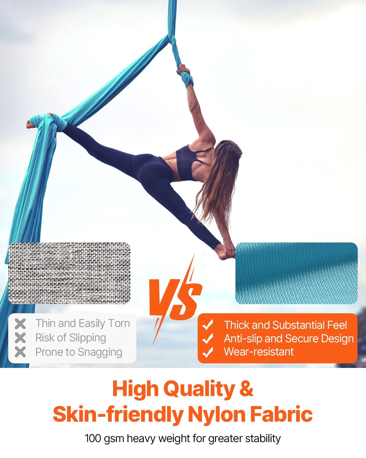 VEVOR Aerial Yoga Swing & Hammock, 5.5-Yard Yoga Swing with 100gsm Fabric, Full Suspension Hardware and Quick-Start Guide for Gravity-Defying Workouts, Beginner to Advanced, Body Sculpting (Blue)